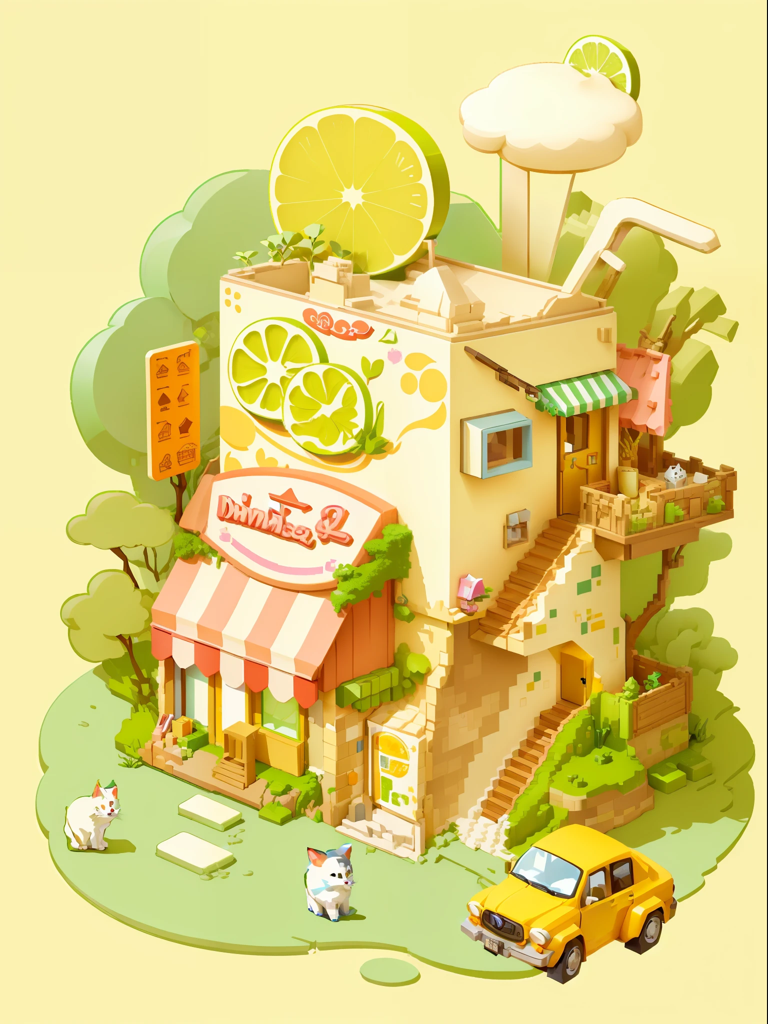 Masterpiece, best quality, cartoon, 3D, illustration of a cat on it, small shop of a building and car with the exterior of lemon yogurt pack, three-story with roof, cute detailed digital art, inspired by Yanagawa Shinda, cute illustration, isometric illustration fun, isometric game art, isometric 2D game art, isometric illustration, detailed game art, isometric art, detailed 2D illustration, pixel art isometric drawing,