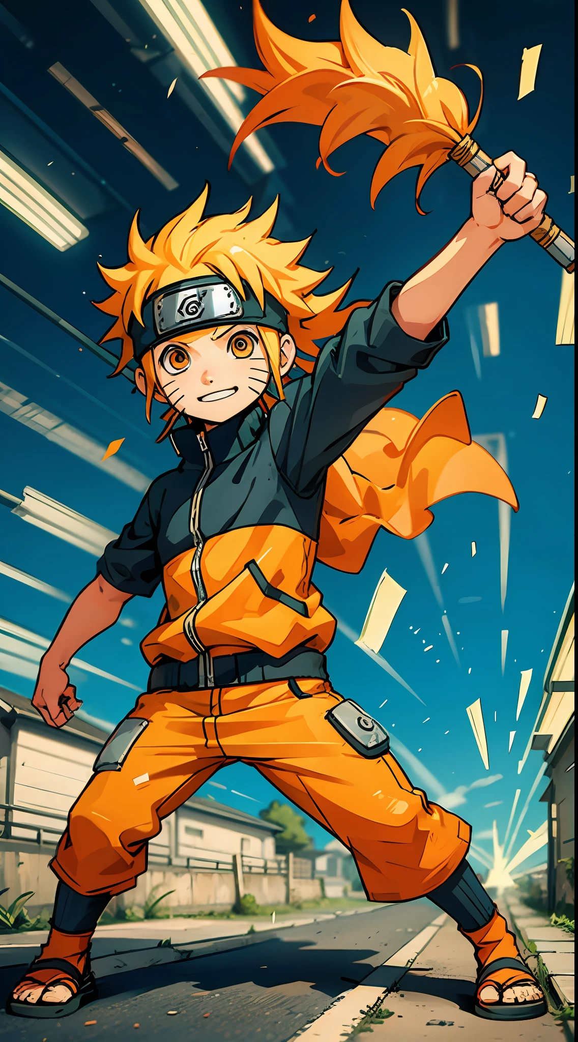 "An adorable chibi-style Naruto character, striking a dynamic pose while walking down the village streets, and looking directly at the viewer."