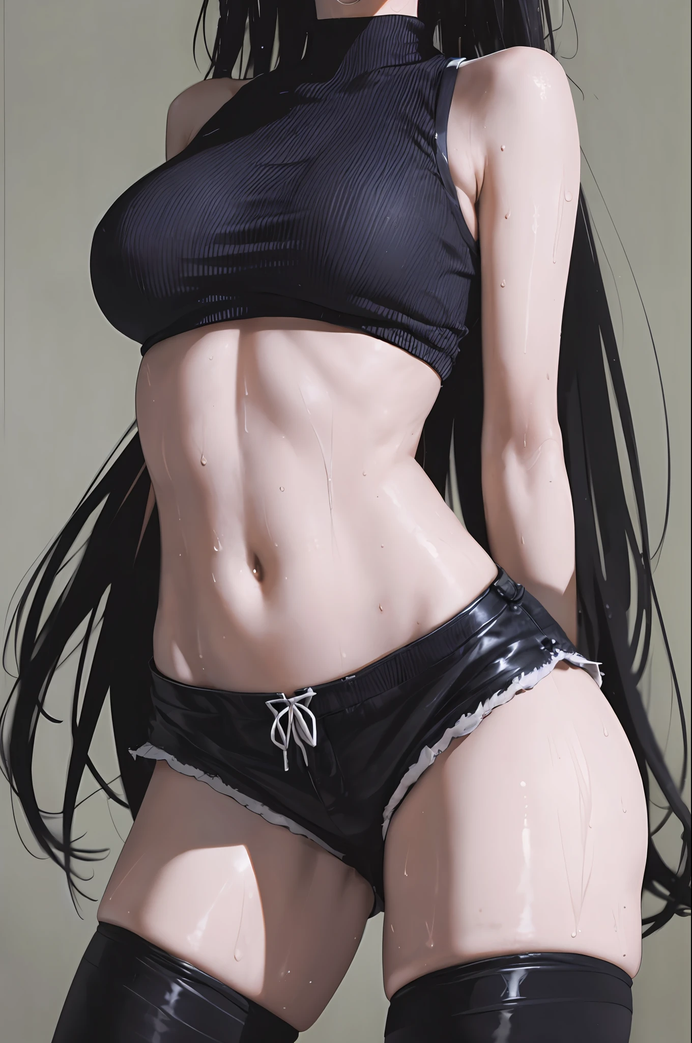 (Masterpiece: 1.2, Best Quality), Realism, (Real Pictures, Intricate Details, Depth of Field), (1girl, Solo), Makeup, Lips Apart, High Detail, (((Perfect Face))), (Huge Tits: 1.4), (Skindentation), ((Slender Legs)), Wide Buttocks, Thin Waist, Tall, Coral Lips, Long Hair, Dark Eyes, ((Beauty in Racing Suit, Short Tank Top, Slender Waist, Shorts, Slender Beautiful Legs, Stockings, Enchanting Figure)), (Sweating:1.2), (wet), sexy, blush,
