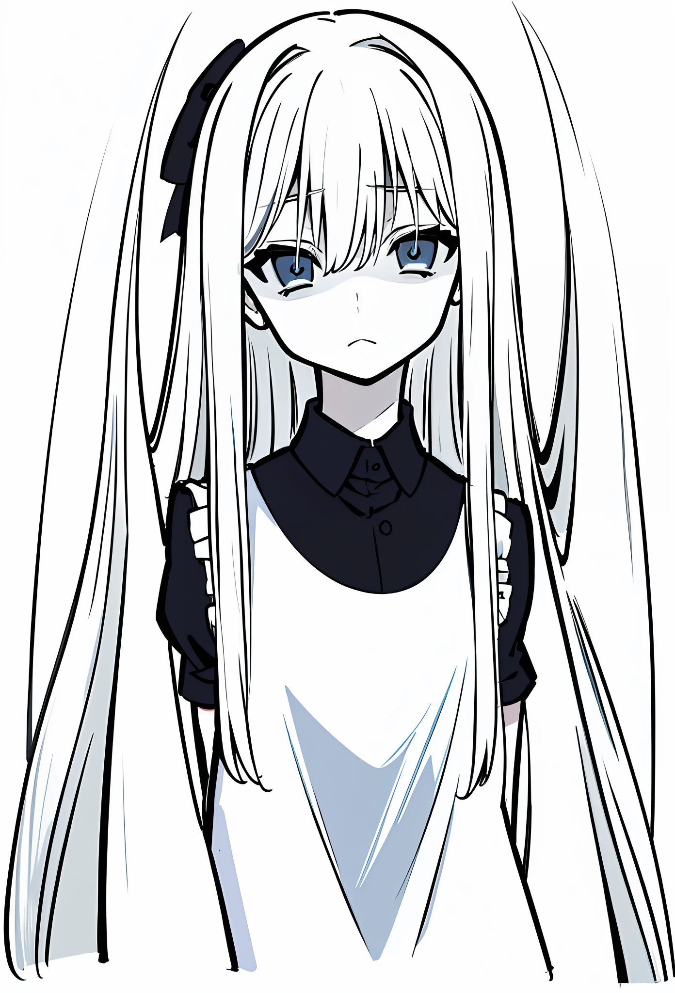 (Masterpiece, illustration, strong contour)), monochrome, chiaroscuro, (simple background, transparent background, exotic simple background), Japan girl, black shirt, black collar, serious face, shaded face, hair between eyes, dead eyes, blue-gray, french blade, long hair, high contrast