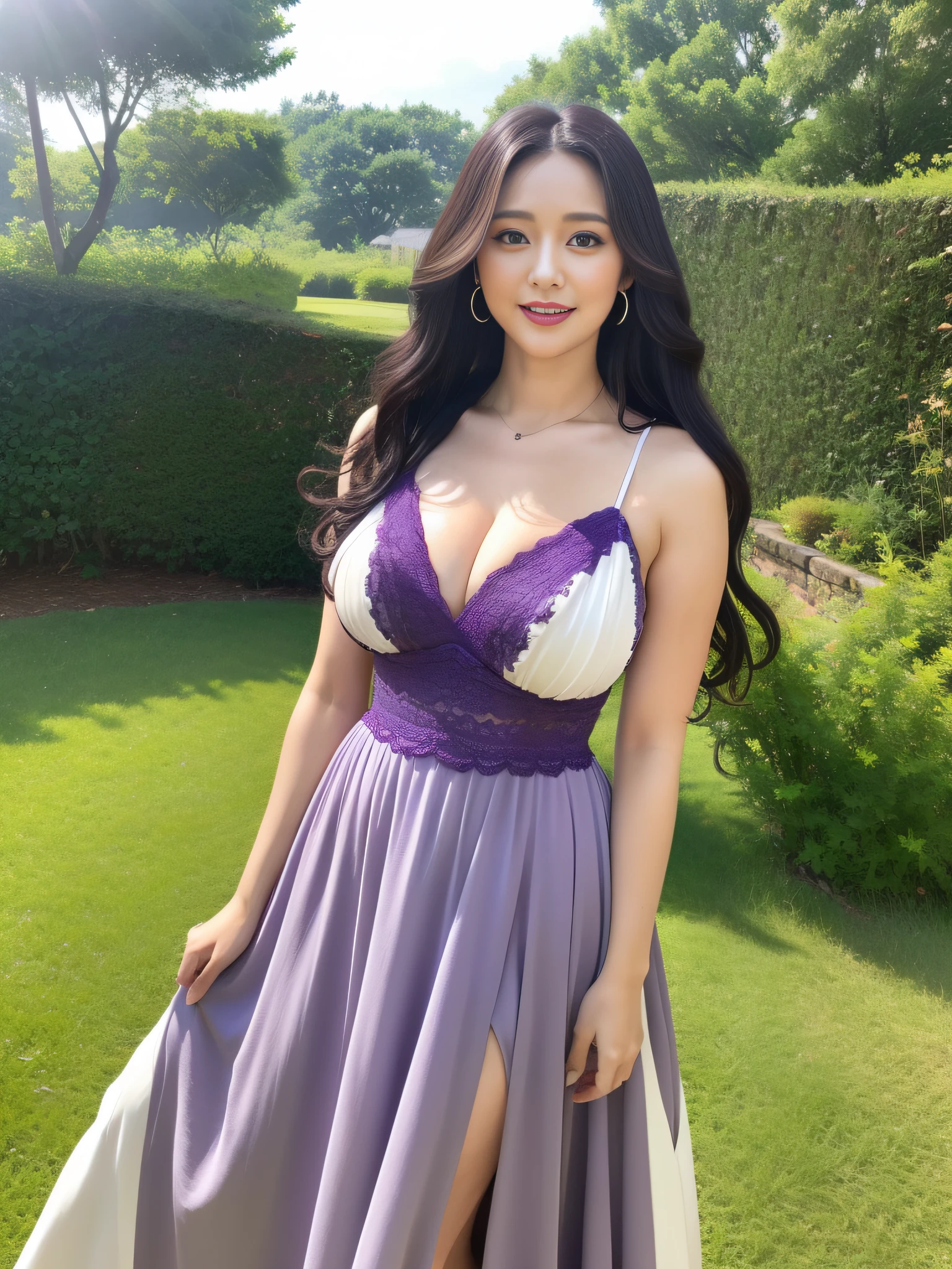 Full body, sideways, 1 person, (40 years old), (middle-aged woman), (fat), happy, outdoor background, black long hair wavy curls, big breasts, loose dress, purple and white tones