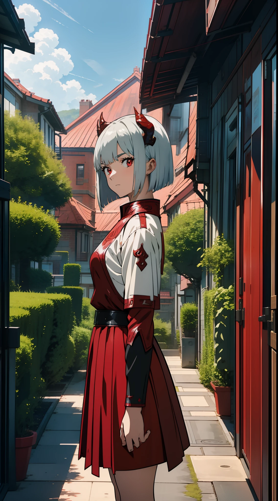1 Girl, Dragon Girl, Dragon Girl, Ryujin, Silver Hair, Bob Cut, Red Eyes, Dragon Horns, Dragon Tail, Leather Armor, Adventurer Style Costume, Mini Skirt, Concept Art, Beautiful Anime Scene, Beautiful Anime Scenery, Top Rated on pixiv, Best Quality, 4K