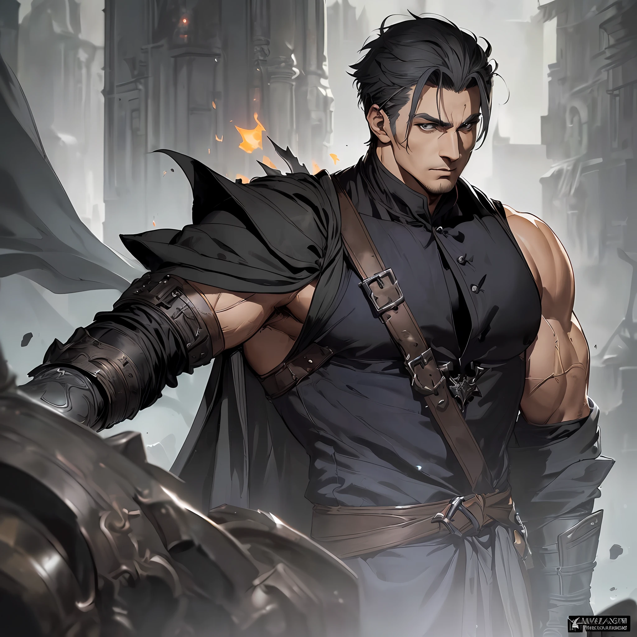((POV)), (1male), adult, male, murderer, standing still, ((solo)), (forehead), ((buzzcut + sidecut)), medium bangs, voluminous short hair, yellow-orange hair, handsome, serious man, blue eyes, ((((Large mantle:1.5, gray robe))), (sleeveless black blouse), buttons, wide trapeze, bare shoulder, square chin, square head, random art, ((black cover with brox)), muscular, muscular arm:0.8, dark fantasy, medieval, ((ultra detailed face, cinematic, ultra detailed, concept art, illustration 4d, 16k)), shadowverse style