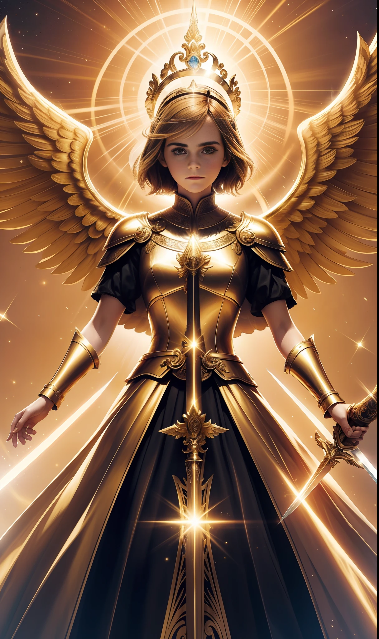 Emma Watson's golden holy angel is dazzling, with six wings hovering in the sky, dressed in gold armor, holding a holy sword, wearing a halo on his head, and his face is solemn, exuding majesty and solemnity, which is awe-inspiring.