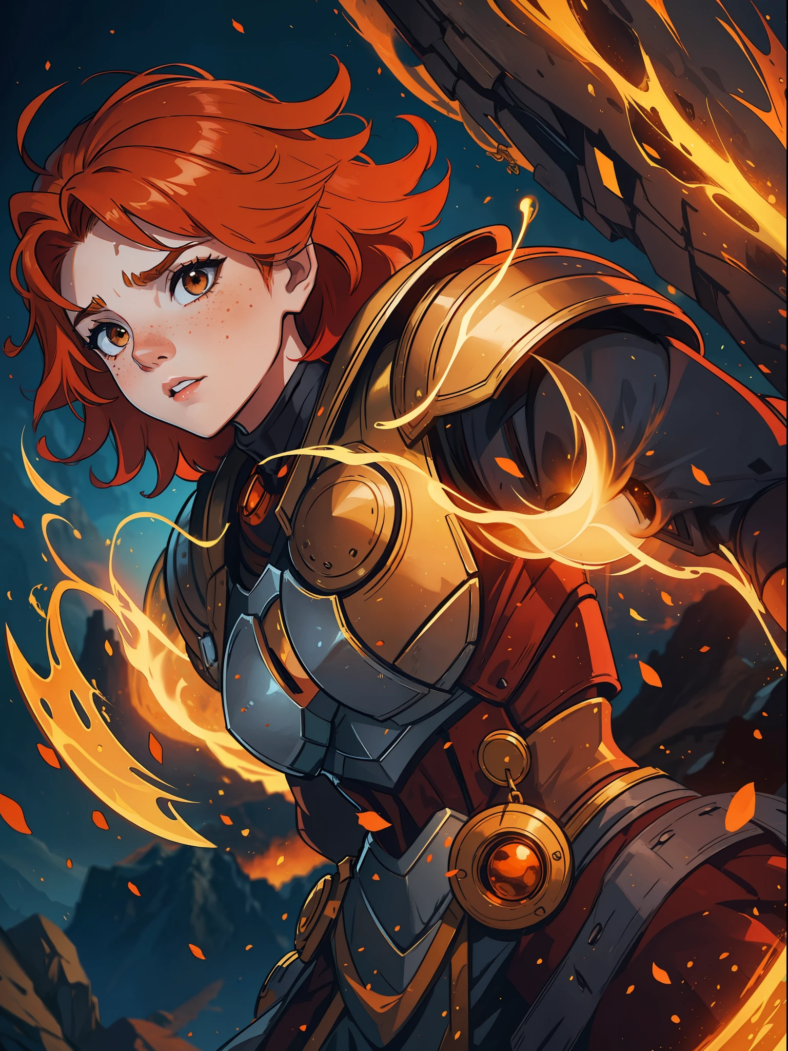 A young red-haired teenage woman with orange hair and brown eyes she has some freckles and a look of courage she is a warrior wearing a powerful magical armor for a medieval RPG, the background filled with magic and magical lights contour lights and cinematic lights in a mountain fortress, inspired by the Leona of League of Legends, a powerful and resistant armor based on magic and a giant shield