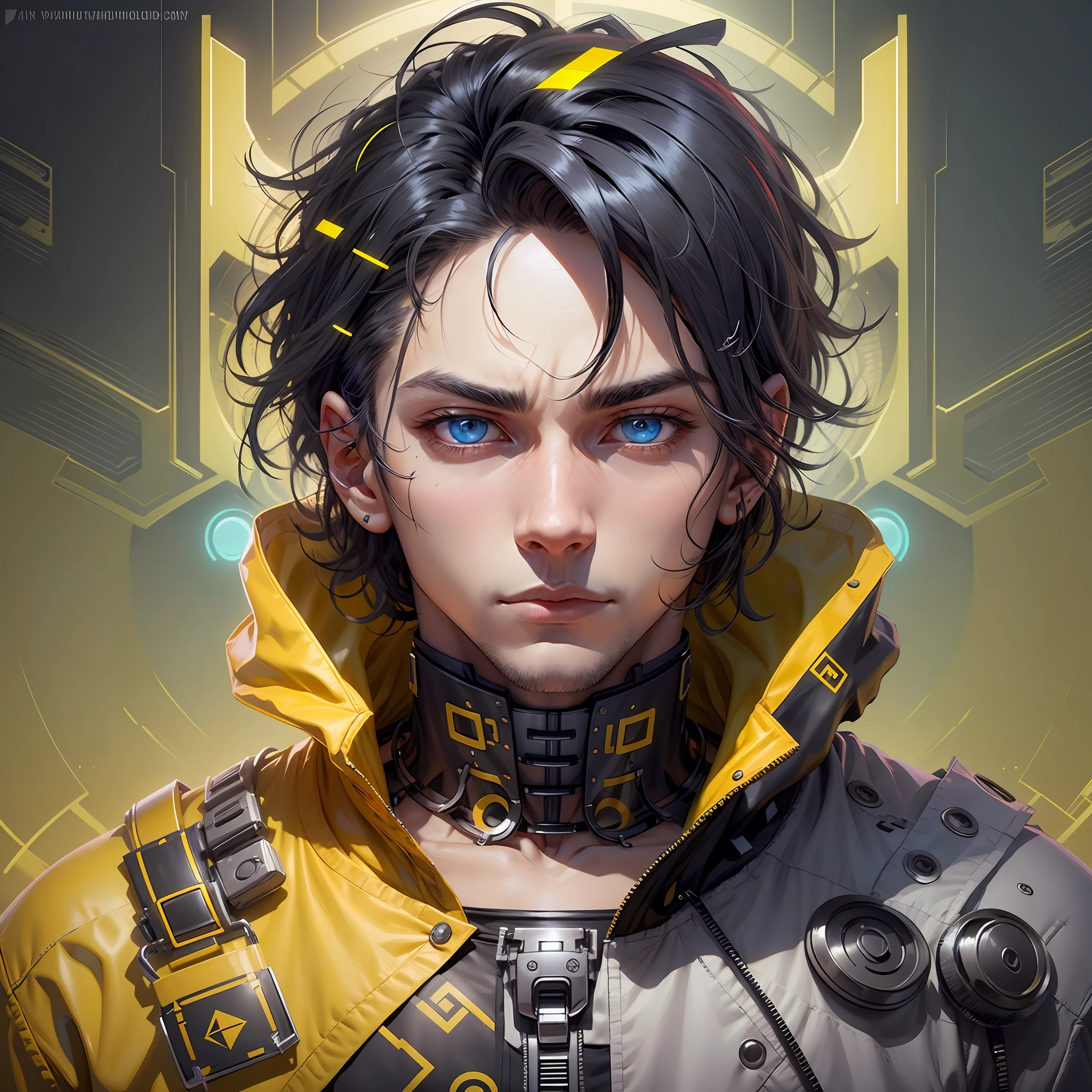 Create a Male Character with AZuis Dark Hair and with Yellow Deltas, his eyes have the colors a Blue eye and the other Yellow, Technological background, and his clothes based on the Playstation --auto --s2