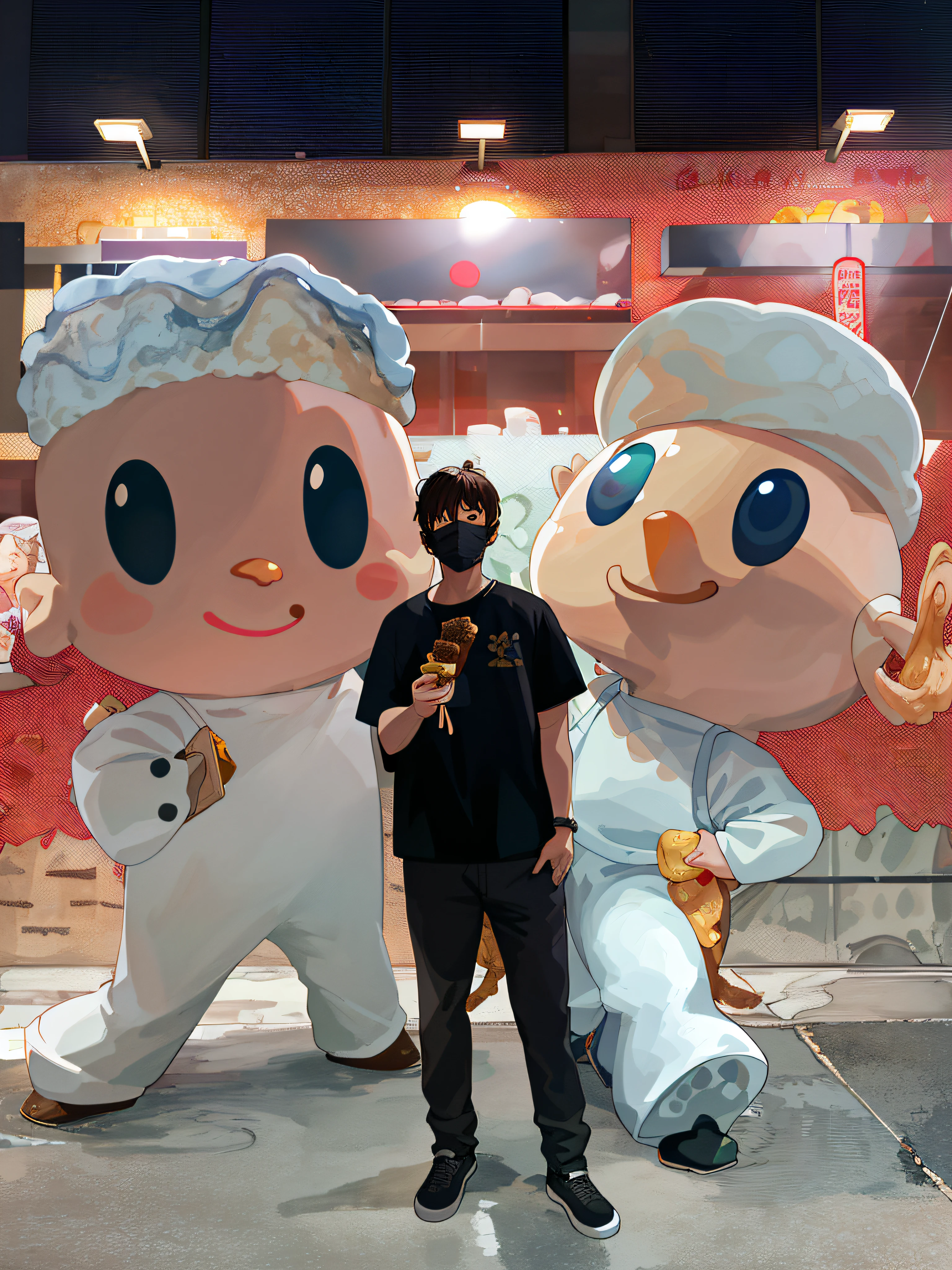 masterpiece, best quality, highres, 1woman, mature, looking at viewer, taiwan night, on the street, (metal steel building:1.2), upper body, detailed shirt , brown wavy hair, (oyster omelet:1.1) and stinky tofu and (oyster vermicelli:1.2) and bubble tea on table,