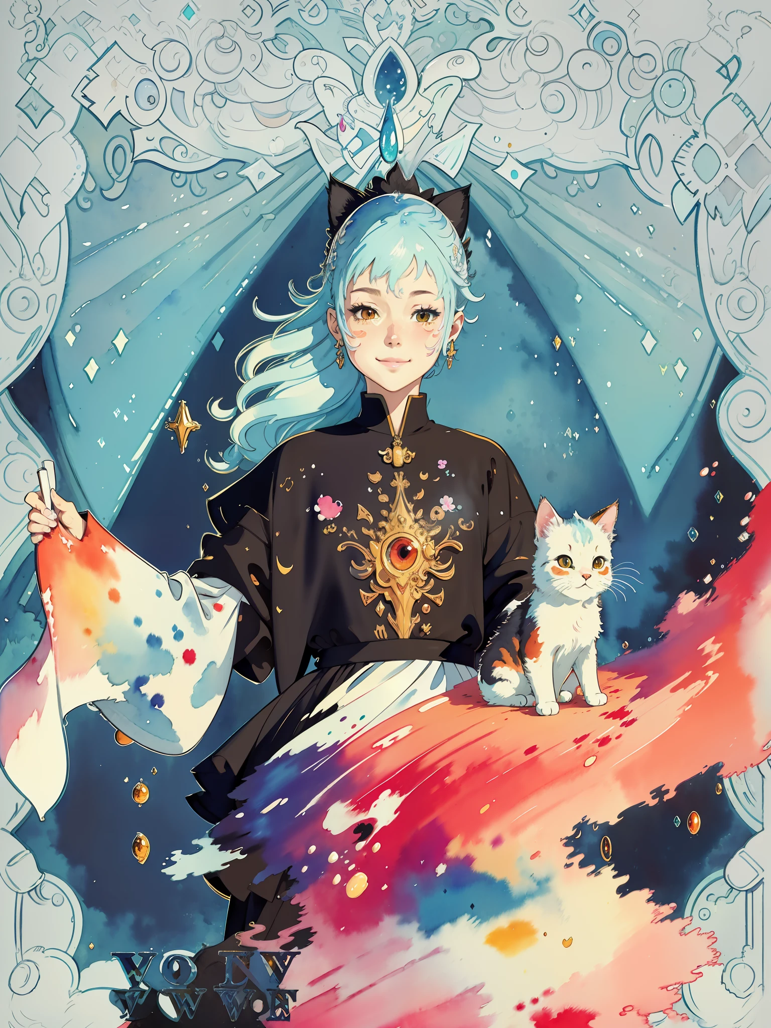 wtrcolor style, (cat character) digital art, official art, front, smile, masterpiece, beauty, ((watercolor)), face painting, paint splash, intricate details. Very detailed, detailed eye, [dripping:0.5], trends on Artstation, Rachel Walker