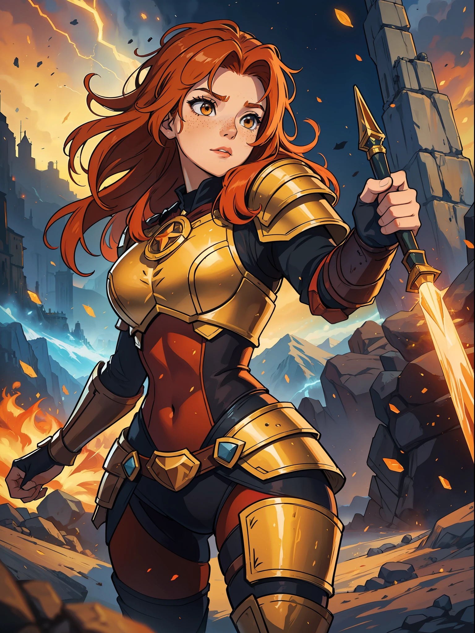 A young red-haired teenage woman with orange hair and brown eyes she has some freckles and a look of courage she is a warrior wearing a powerful magical armor for a medieval RPG, the background filled with magic and magical lights contour lights and cinematic lights in a mountain fortress, inspired by the Leona of League of Legends, a powerful and resistant armor based on magic and a giant shield