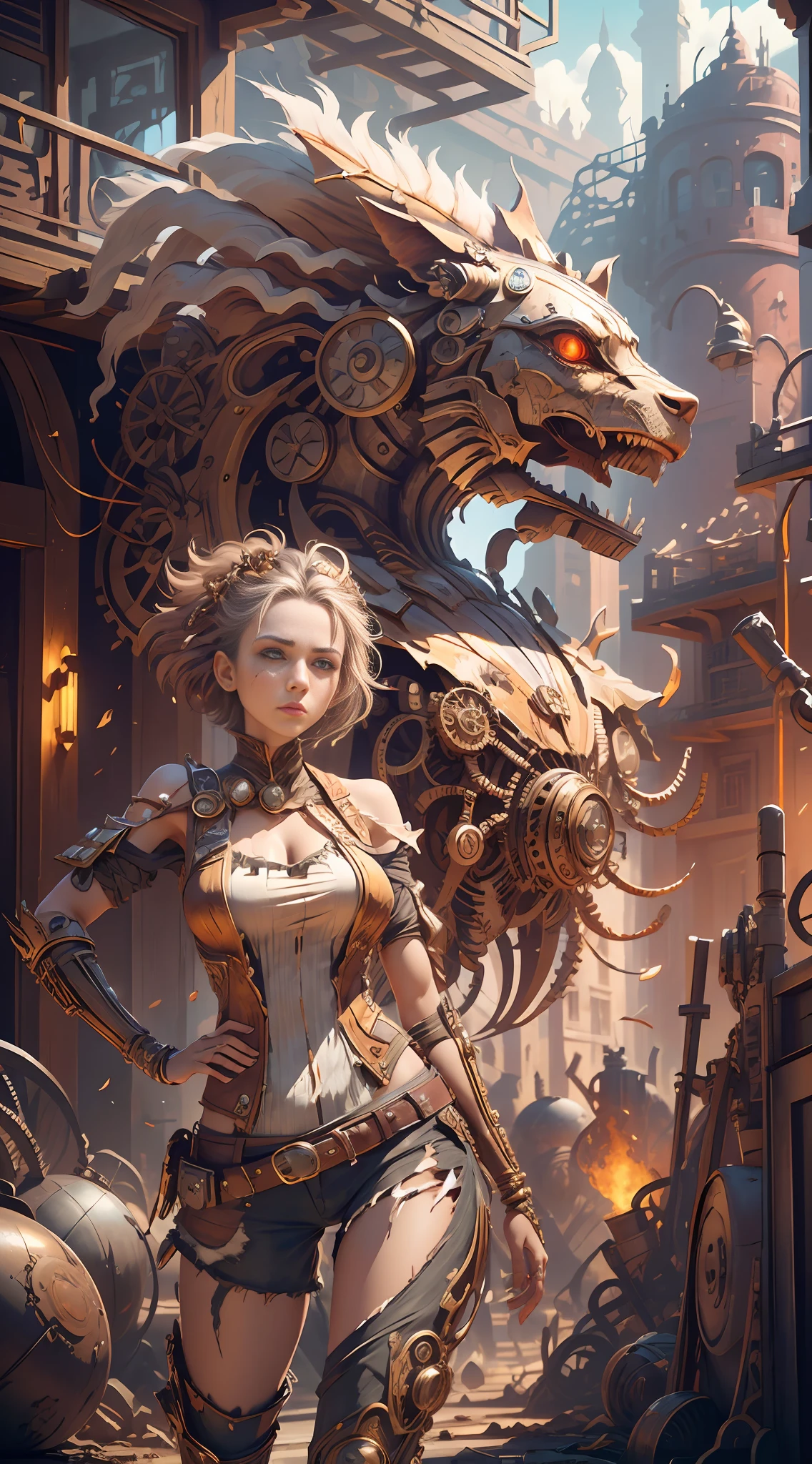 (((1 woman))), (anatomically correct), ((hands on head))), short hair, (((torn clothes))), (red glowing eyes))), broken headdress, extremely detailed face, looking up at the lens, ((panorama)), gray sky, best quality, ultra-detailed color, battlefield, city ruins, broken buildings, damaged machinery, perfect composition, best elaboration, (Golden ratio: 1.2), HDR, dramatic, cinematic lighting, huge details, masterpiece, (realism: 1.4), absurdity, cinema lighting, surrealism, steampunk, intricate design, extremely detailed, exquisite details,