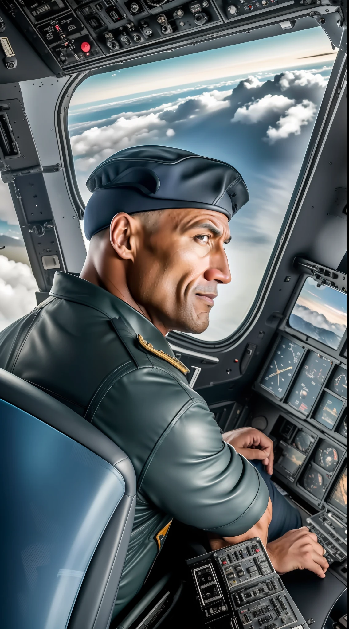 (Best quality, 8k, 32k, masterpiece, UHD: 1.2), Actor The Rock working as an airplane pilot, sitting in the cockpit of a powerful aircraft, overlooking a stunning landscape of clouds and mountains, conveying confidence and professionalism, Photography, telephoto lens 70-200mm