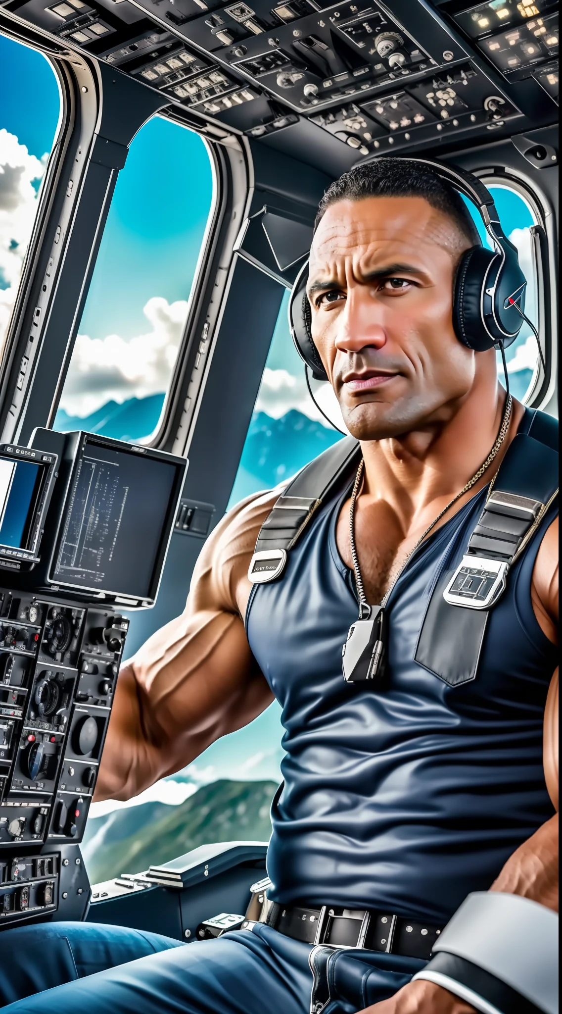 (Best quality, 8k, 32k, masterpiece, UHD: 1.2), Actor The Rock working as an airplane pilot, sitting in the cockpit of a powerful aircraft, overlooking a stunning landscape of clouds and mountains, conveying confidence and professionalism, Photography, telephoto lens 70-200mm