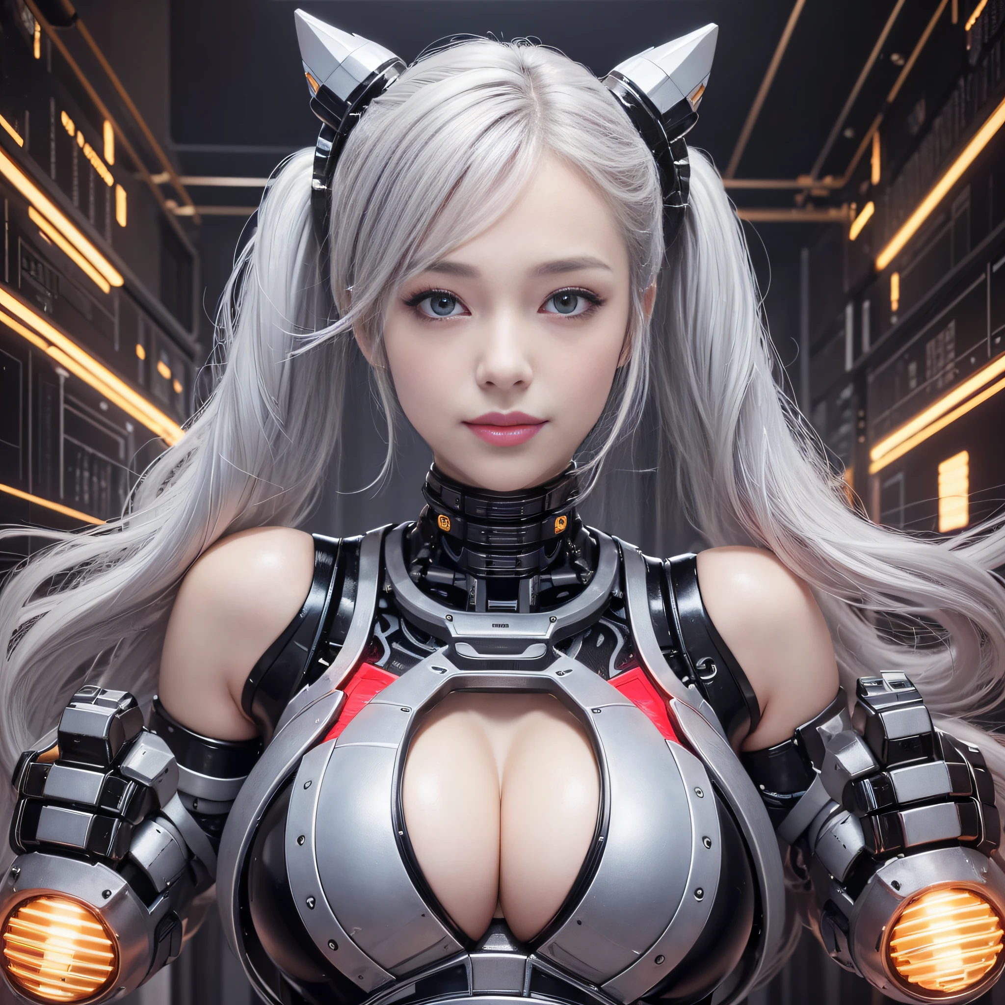 Beautiful Face,face is Japan, 1 Woman, Big, Curvaceous, (16k, RAW photo, top quality, masterpiece: 1.2), (HDR, Realistic, Photorealistic: 1.37) (tube attached to the body), (Bikini Cyborg robot parts)))), (light gray hair), Long hair, Wavy hair, Twin tails, Medium shot, ( Seductive smile)), (black eyes), princess cut,from below,(whole body),posing,,in the lab,( tube connected to blood vessel),((mechanical vertebrae attached to the back)),((mechanical neck attached to the neck)),(wire cable attached to the head and body),(character focus),science fiction,perfect female figure,perfect anatomy,ultraanatomy, Full body shot, up to 4 fingers and 1 thumb relationship,