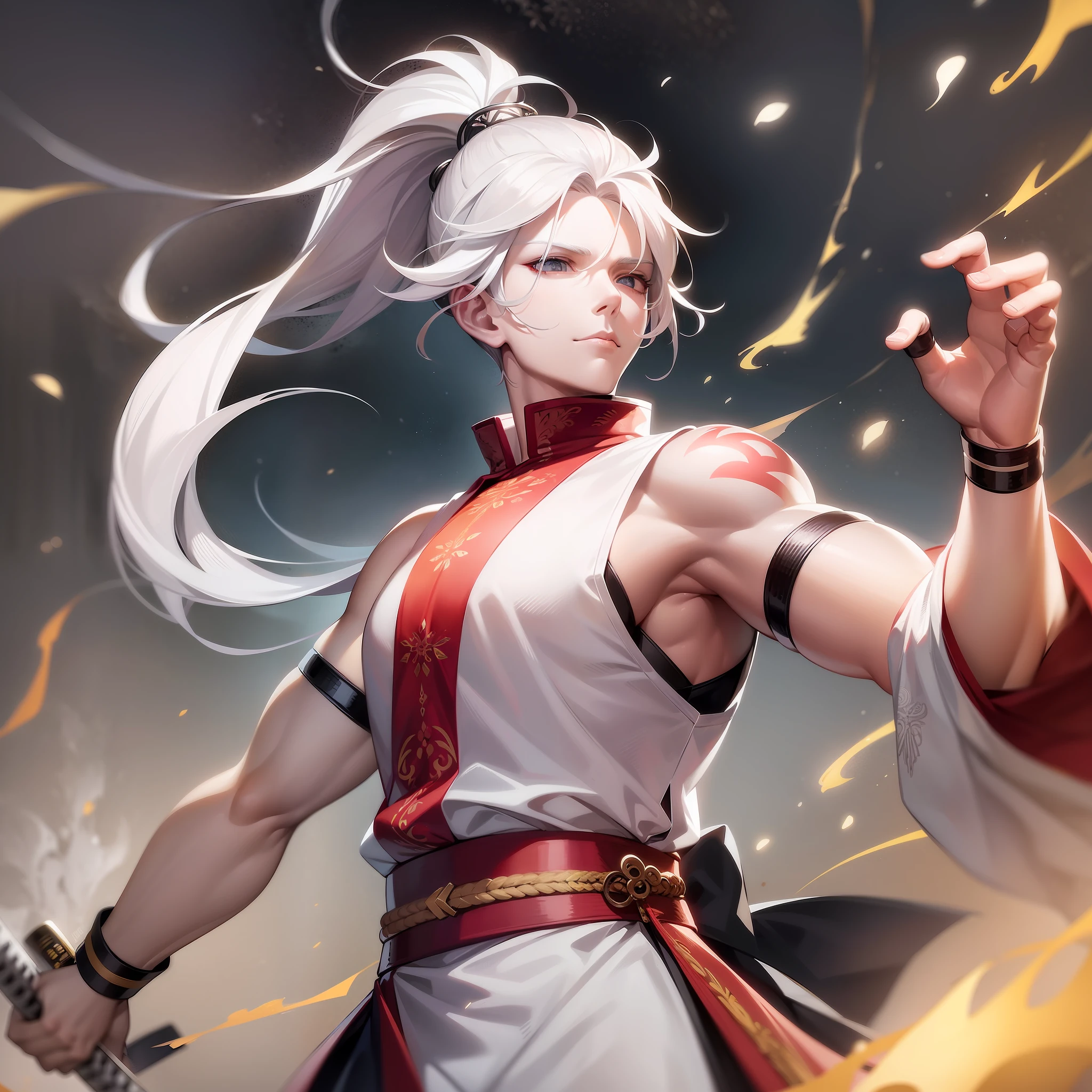 1 man, white hair with ponytail, bright white eyes, Divine, God of the wind, bright white tornado-shaped tattoo on right arm, wind powers, short katana on right hand, mature, 40-year-old appearance,