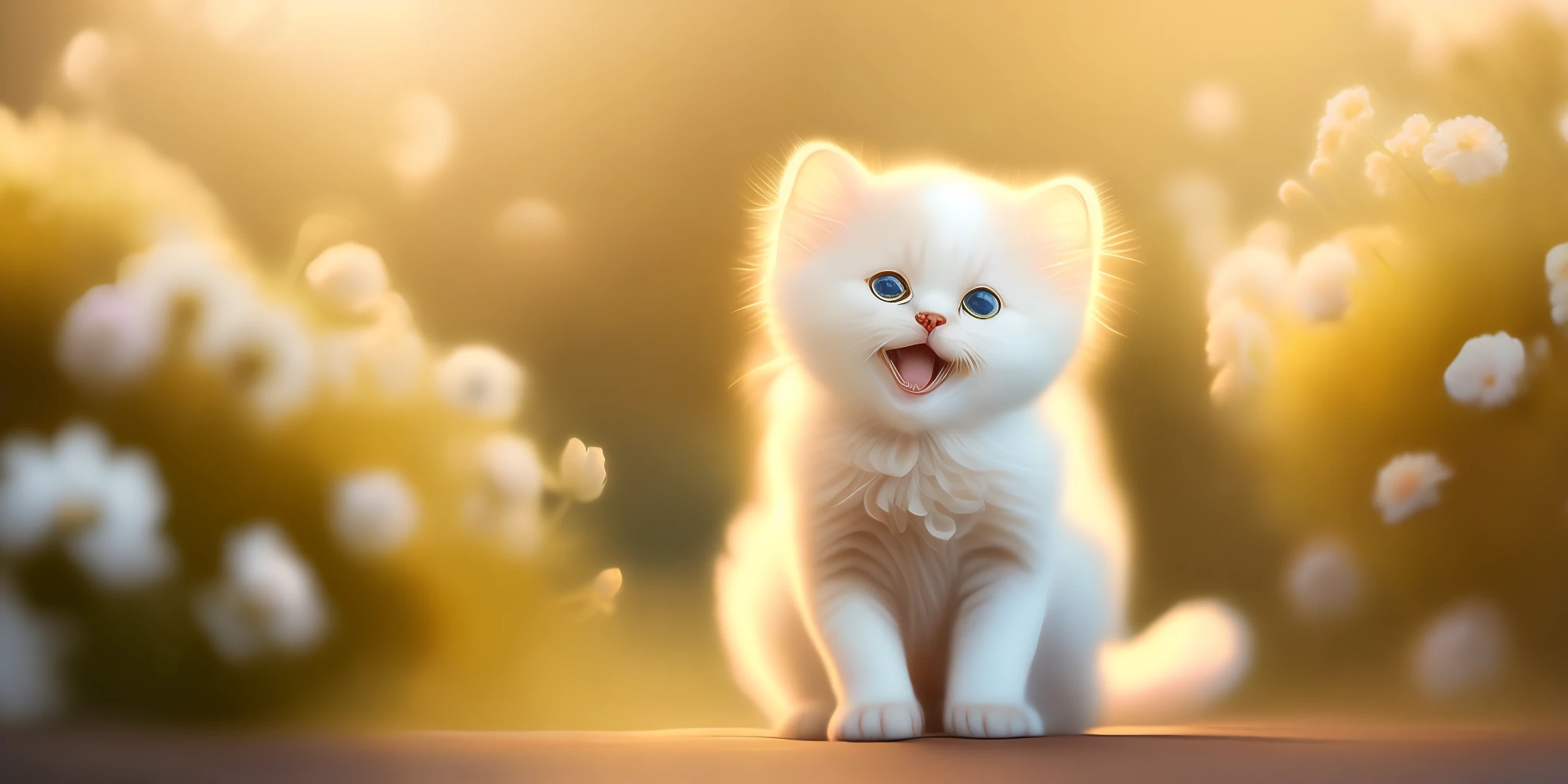 Very cute furry white kitten, flowers, flowers, full body, laugh, professional light, depth of field 8k, golden magic moment, professional photography, octane rendering, ultra-realistic - amazing sunlight, dynamic composition, photography, sharp focus, bokeh
