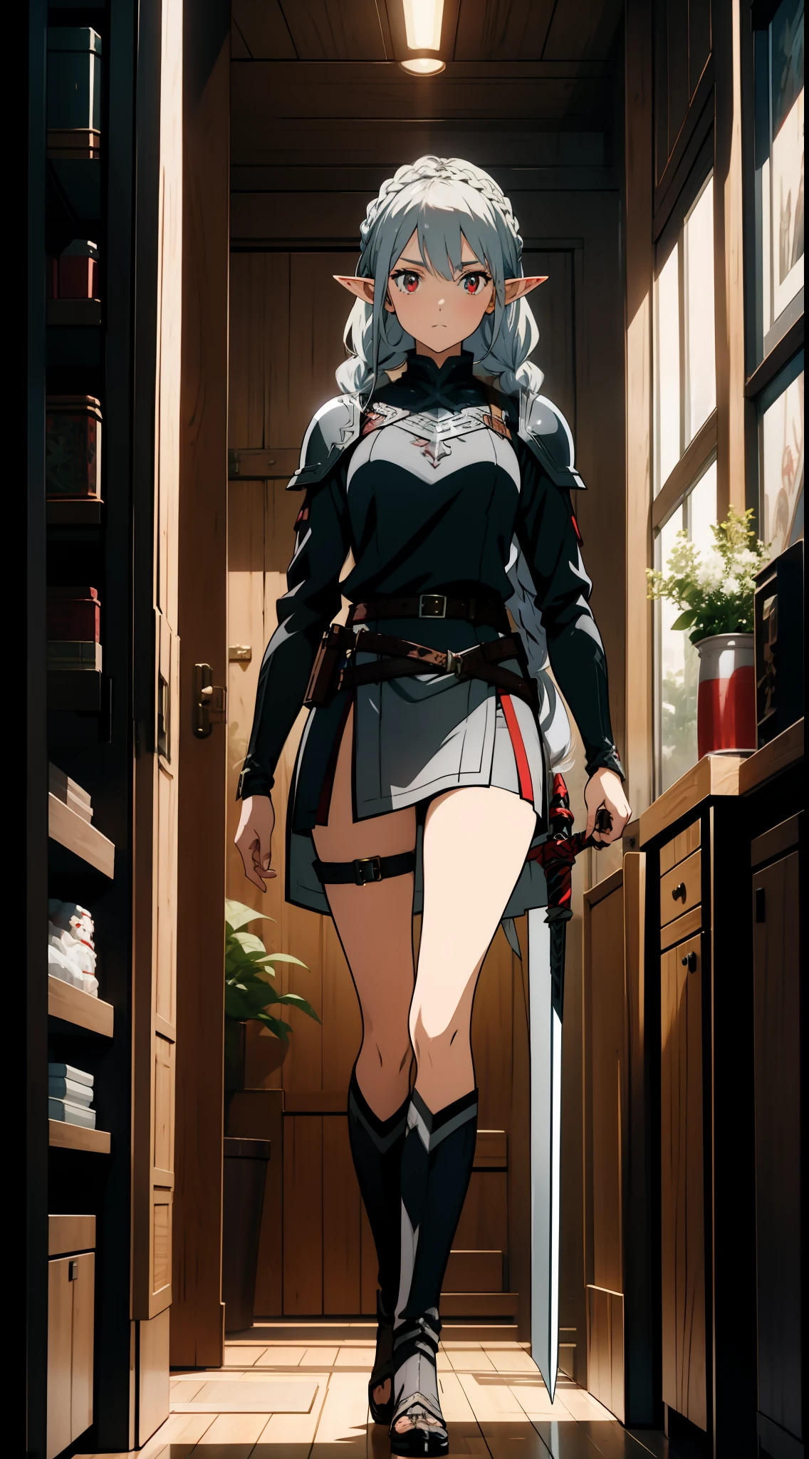 1 girl, elf, silver hair, braid, red eyes, holding a sword, leather armor, adventurer-style costume, miniskirt, concept art, beautiful anime scene, beautiful anime scenery, top rating on pixiv, highest quality, 4K