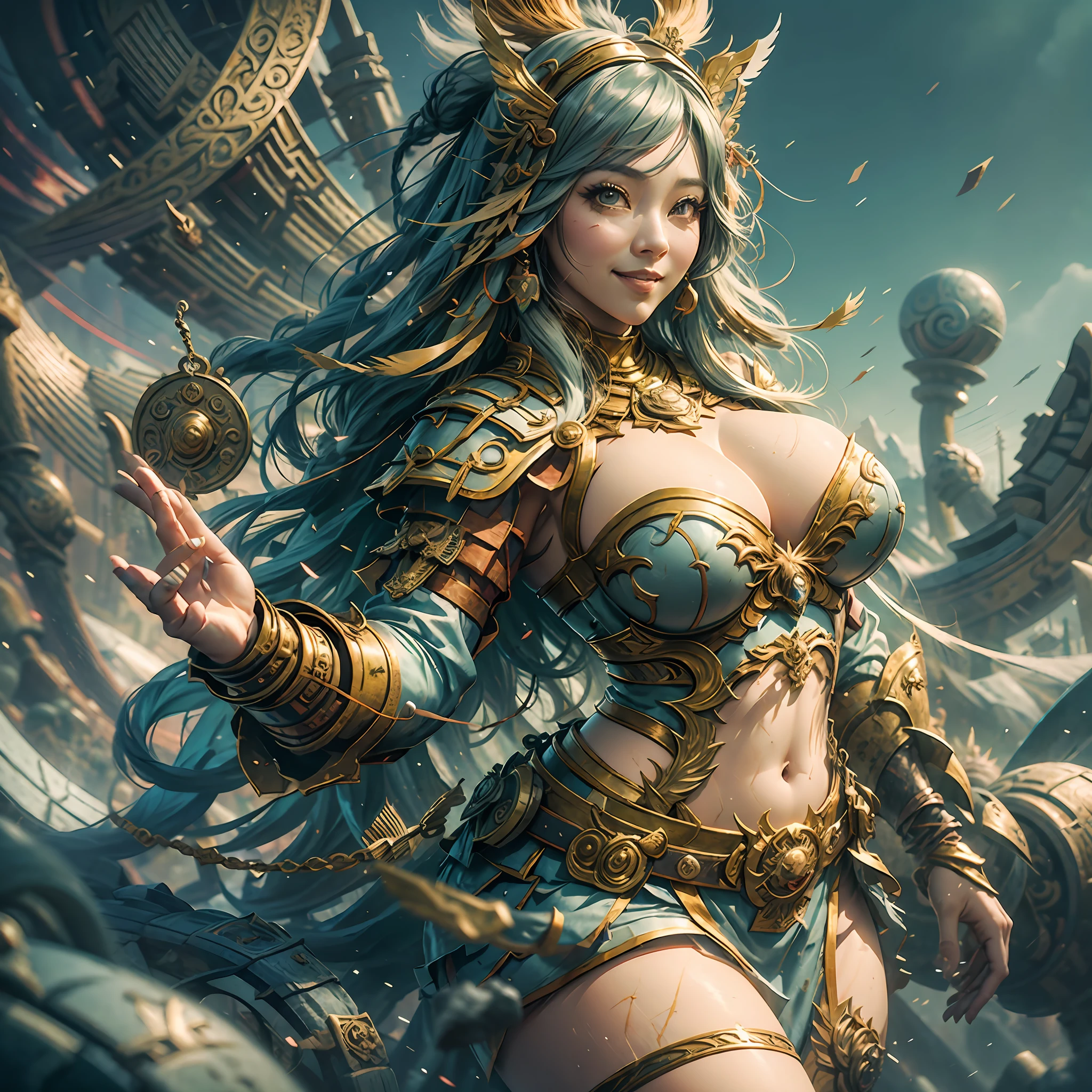 CG style, character (sona) league of legends, with piano, happy smile, blur landscape background, curvy body, large breasts, focus on breasts, short clothing, perfect body, detailed face, focus on face, focus on body, --auto --s2