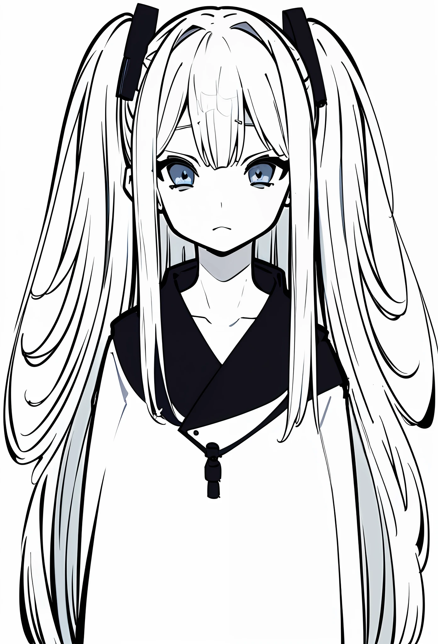 (Masterpiece, illustration, strong contour)), monochrome, chiaroscuro, (simple background, transparent background, exotic simple background), Japan girl, black shirt, black collar, serious face, shaded face, hair between eyes, moisturized eyes, blue-gray hair, French blade, long hair, high contrast