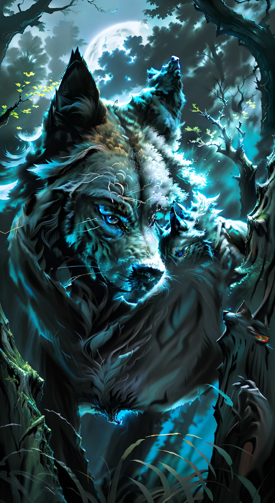 (Masterpiece detailed high image quality) Blue-eyed black wolf, dangerous forest, midnight, full moon. 1 solo lobe. ( Front angle of image)