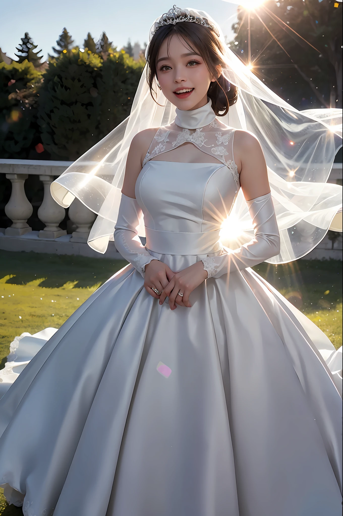 1 girl,, (huge laughter), sweet, sun glare, conservatively dressed, turtleneck wedding dress, bridal veil, bokeh, depth of field, blurred background, light particles, strong wind, head tilt,