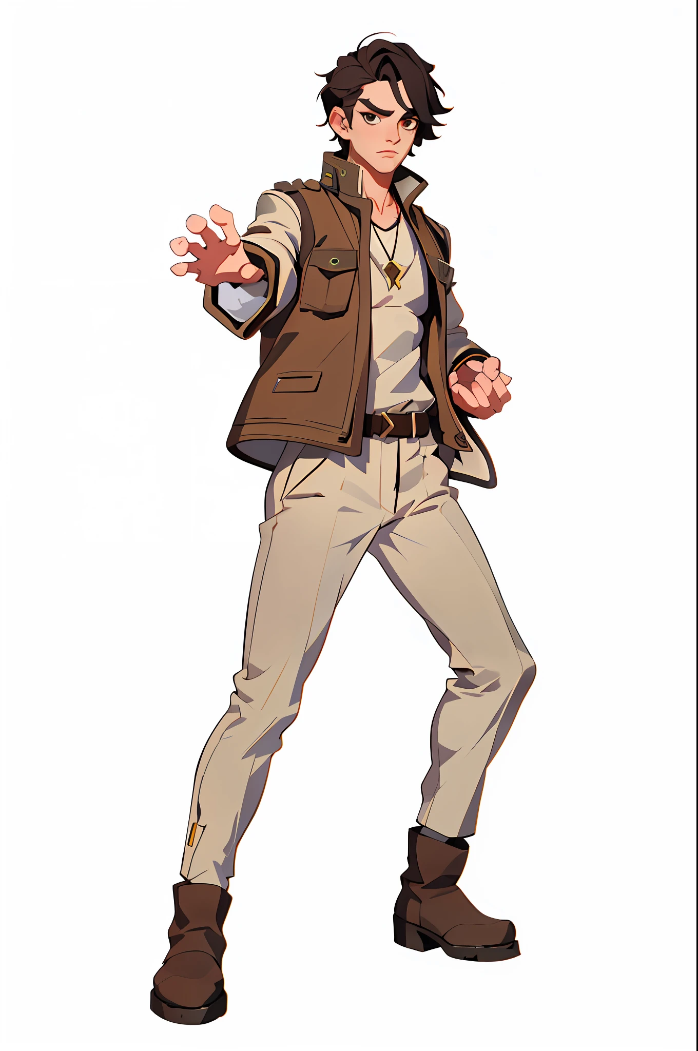 Masterpiece, best quality, handsome male face, black eyes, 1 male, white background, explorer costume, (medium distribution type_1.5), jade necklace, brown coat, beige trousers, boots