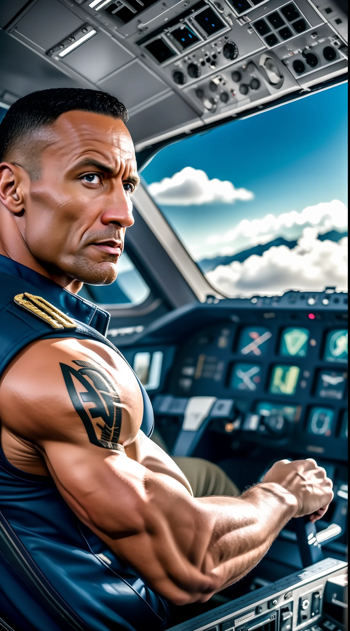(Best quality, 8k, 32k, masterpiece, UHD: 1.2), Actor The Rock working as an airplane pilot, sitting in the cockpit of a powerful aircraft, overlooking a stunning landscape of clouds and mountains, conveying confidence and professionalism, Photography, realistic.