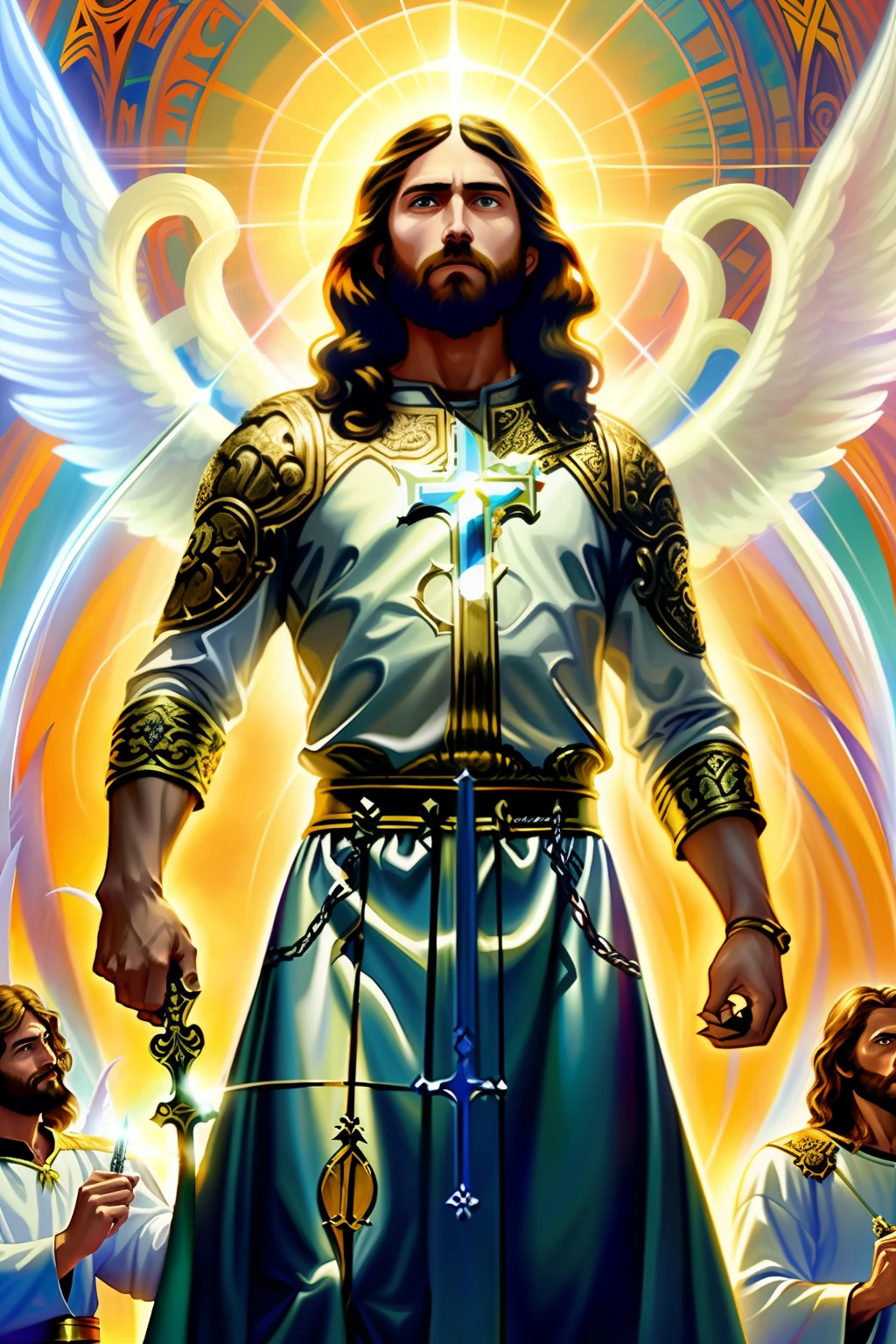Jesus strong, with sword, coming down from heaven, with angels, clouds