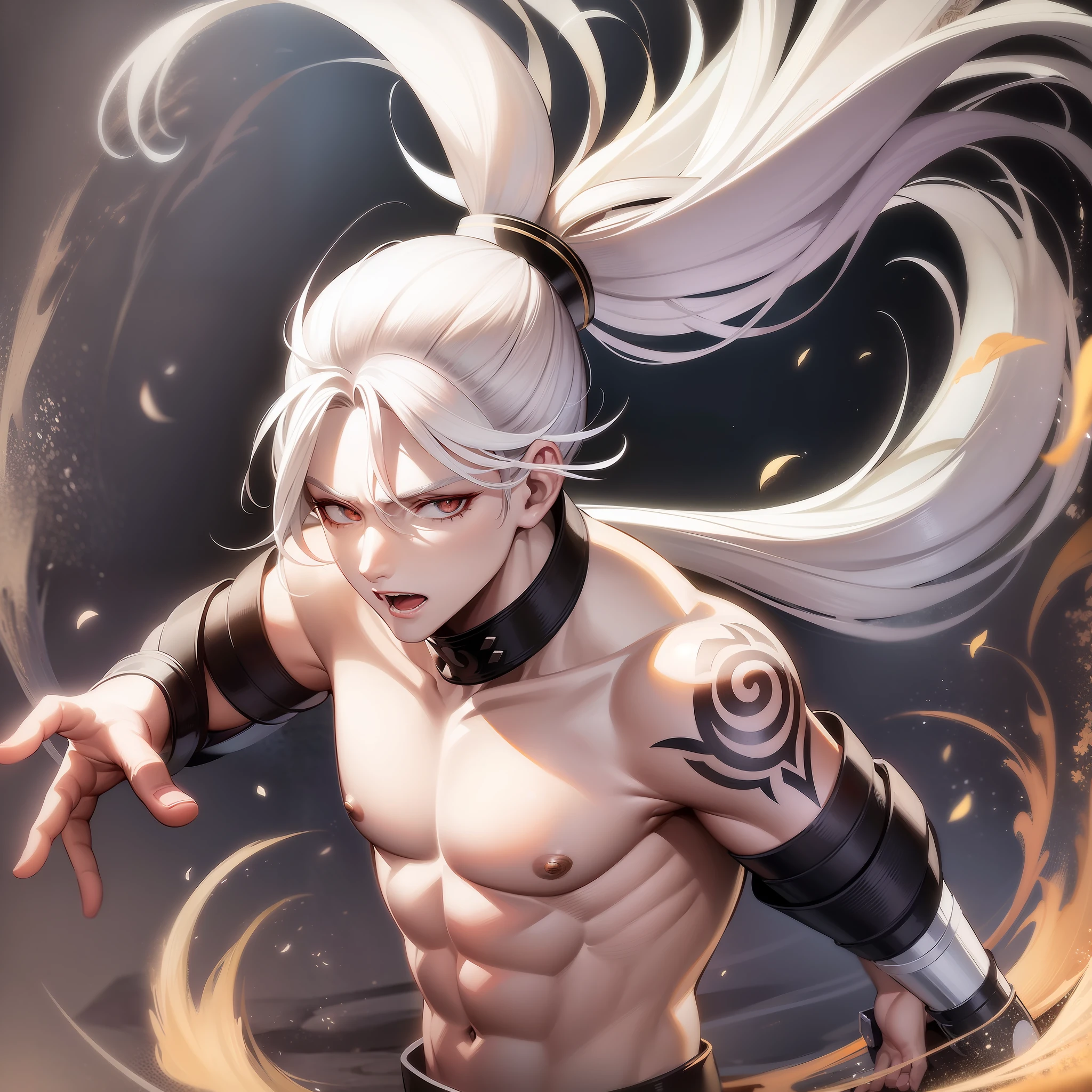 1 man, white hair with ponytail, bright white eyes, Divine, God of the wind, bright white tornado-shaped tattoo on right arm, wind powers, short katana on right hand, mature, 40-year-old appearance,