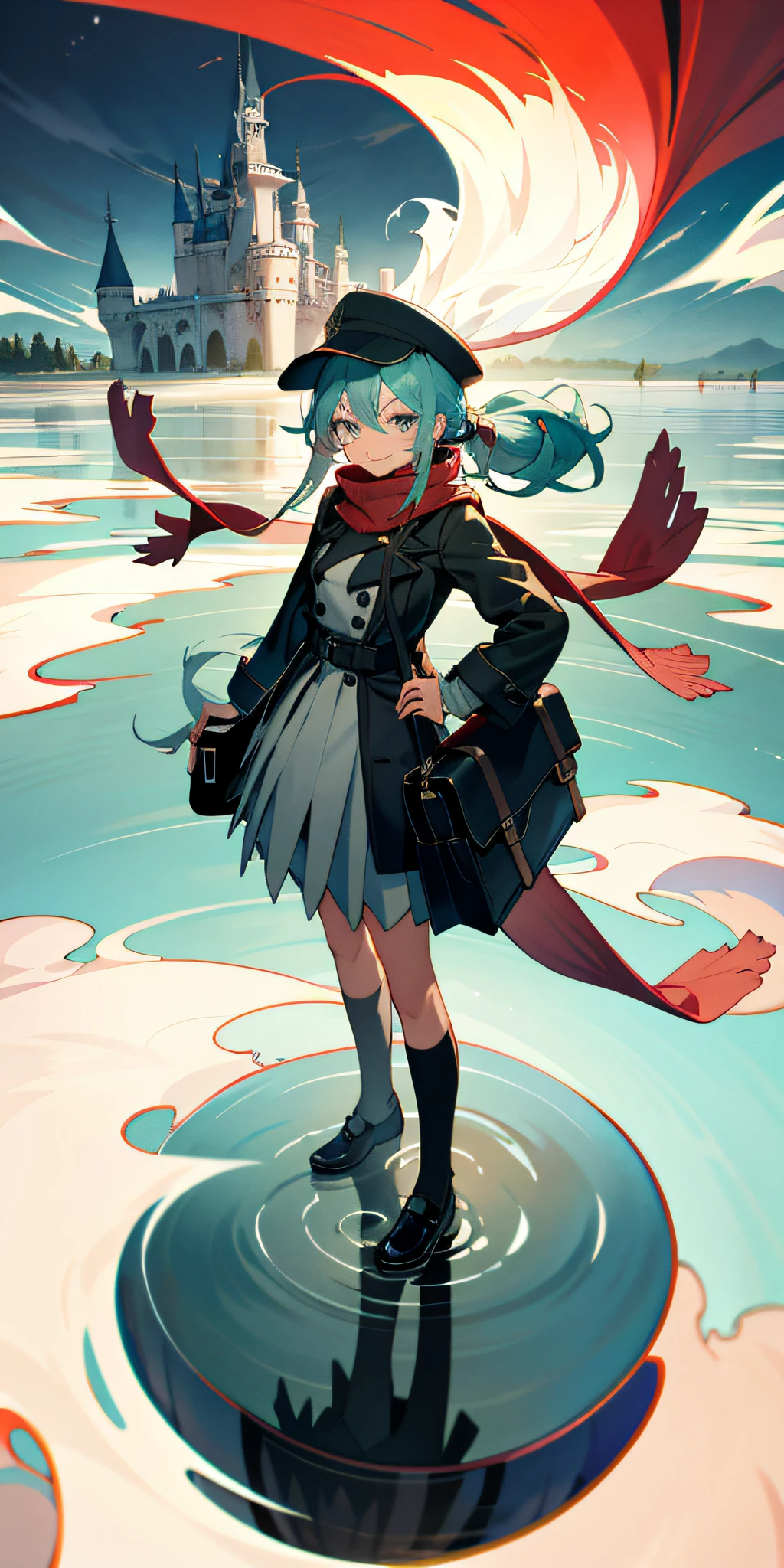 aerial view, reflection, motion blur, from above, panorama, multiple views, floating castle, winery, sea of clouds, kneeling on one knee, split-color hair, dreadlocks, ponytail, hair between eyes, naughty, long tongue, child, Giantess, hanging breasts, hands on hips, closed stance, looking down, girly running, hat tip, countryside, afterimage, red socks, bag, socks, black footwear, smile, shoes, full body, standing, holding, fashion, coat, holding bag, handbag, scarf, grey scarf, Catchlight, Nightmare, aqua eyes