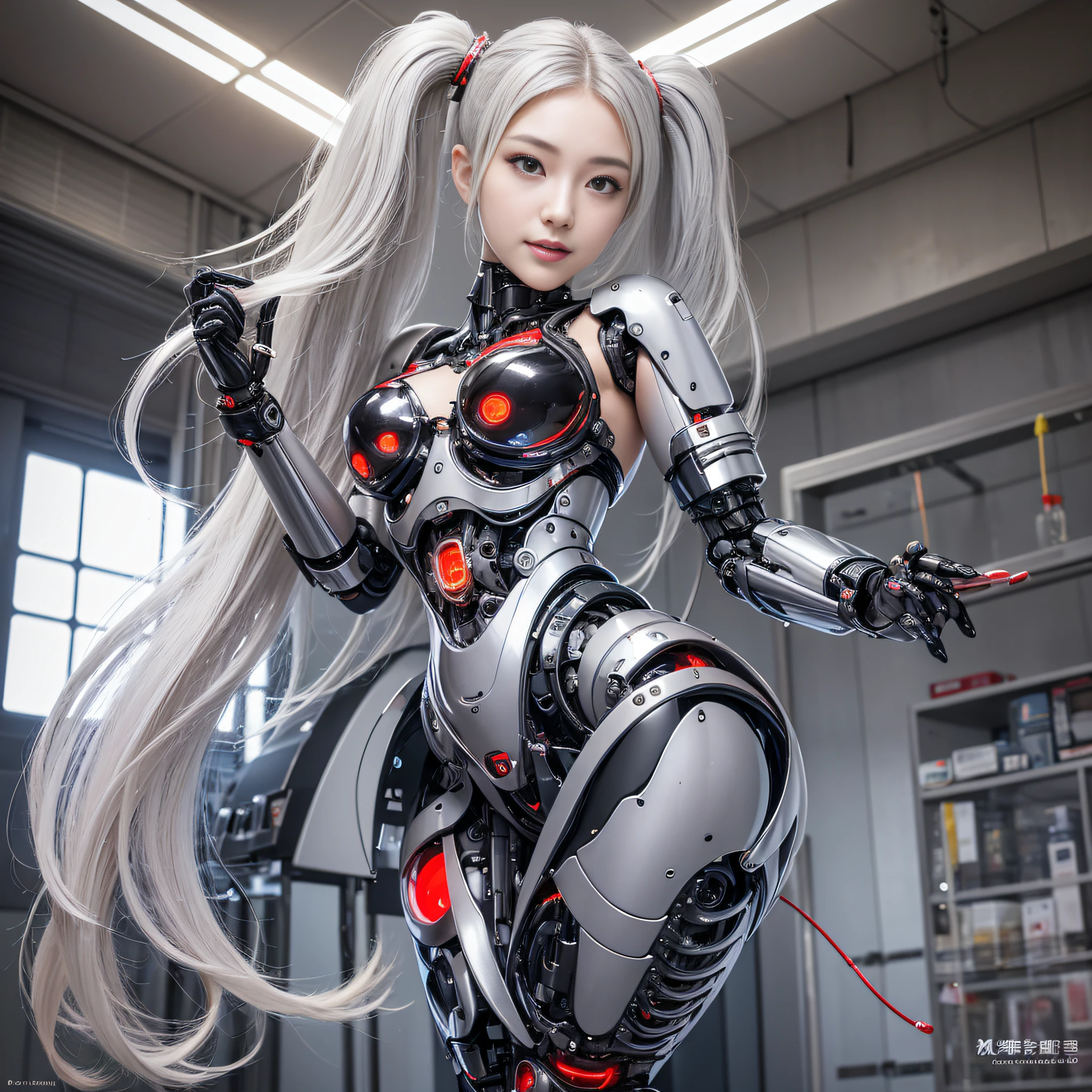 Beautiful Face,face is Japan, 1 Woman, Big, Curvaceous, (16k, RAW photo, top quality, masterpiece: 1.2), (HDR, Realistic, Photorealistic: 1.37) (tube attached to the body), (Bikini Cyborg robot parts)))), (light gray hair), Long hair, Wavy hair, Twin tails, Medium shot, ( Seductive smile)), (black eyes), princess cut,from below,(whole body),posing,,in the lab,( tube connected to blood vessel),((mechanical vertebrae attached to the back)),((mechanical neck attached to the neck)),(wire cable attached to the head and body),(character focus),science fiction,perfect female figure,perfect anatomy,ultraanatomy, Full body shot, up to 4 fingers and 1 thumb relationship,