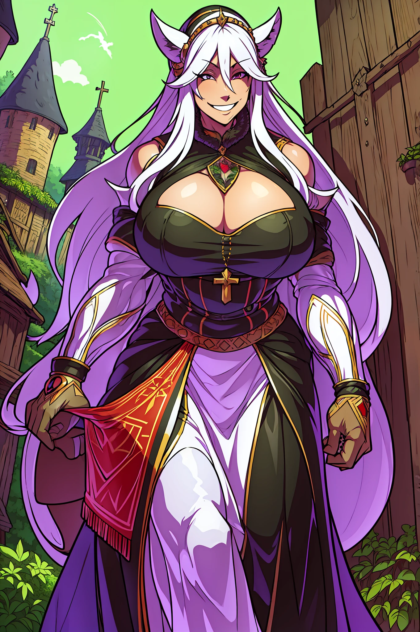 Gothic, huge chest, tall woman, curved, f, long hair, Christian, alone, Catholic, Latin cross,, forest town, plants, walking, smiling, smile, ,fur clothes, wizard, medieval, village,tights, portrait, long skirt, long dress, flip-flops, muscle girl, huge breast