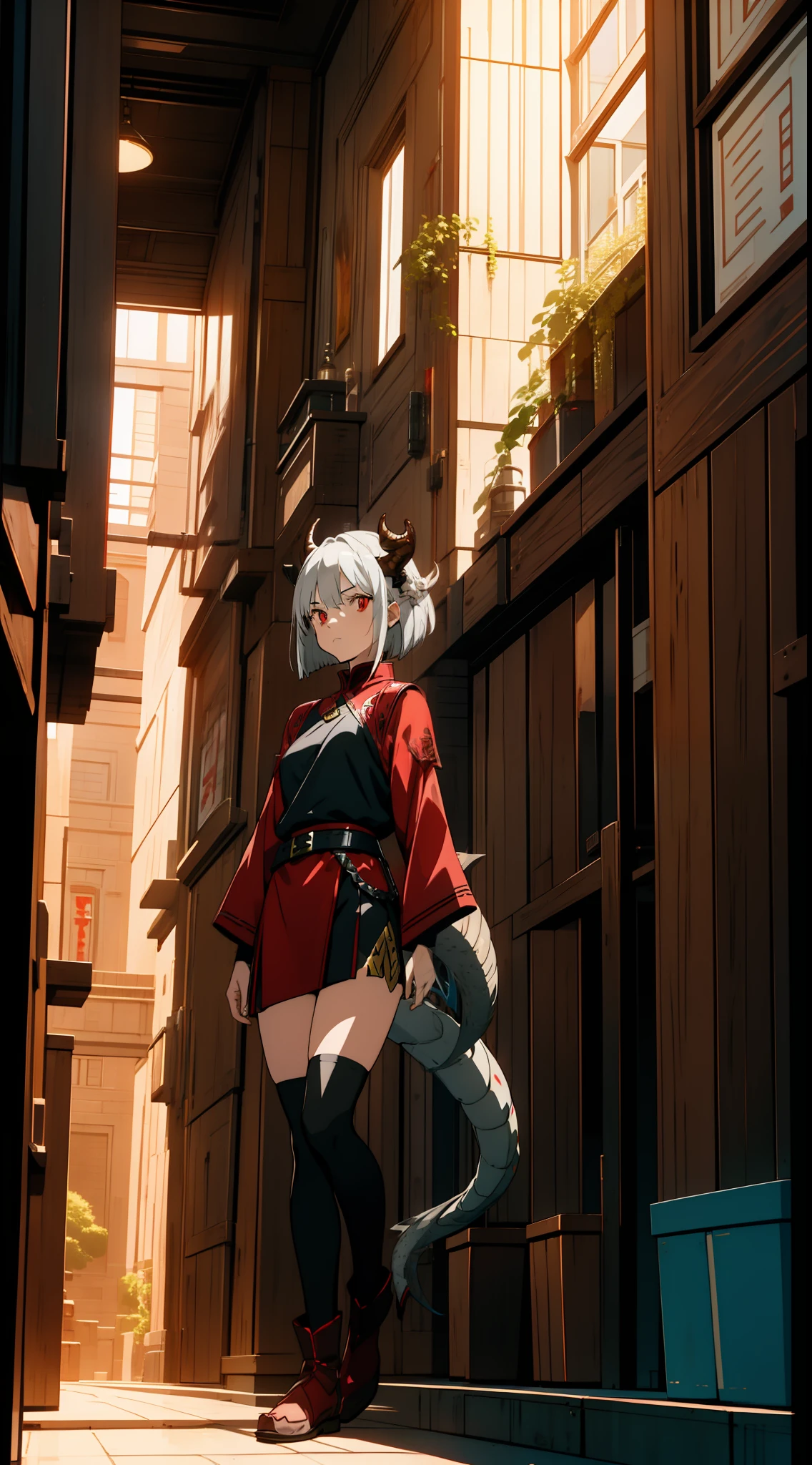 1 Girl, Dragon Girl, Dragon Girl, Dragon Man, Silver Hair, Bob Cut, Braid, Red Eyes, Dragon Horn, Dragon Tail, Leather Armor, Adventurer Style Costume, Mini Skirt, Concept Art, Beautiful Anime Scene, Beautiful Anime Scenery, Top Rated on pixiv, Best Quality, 4K