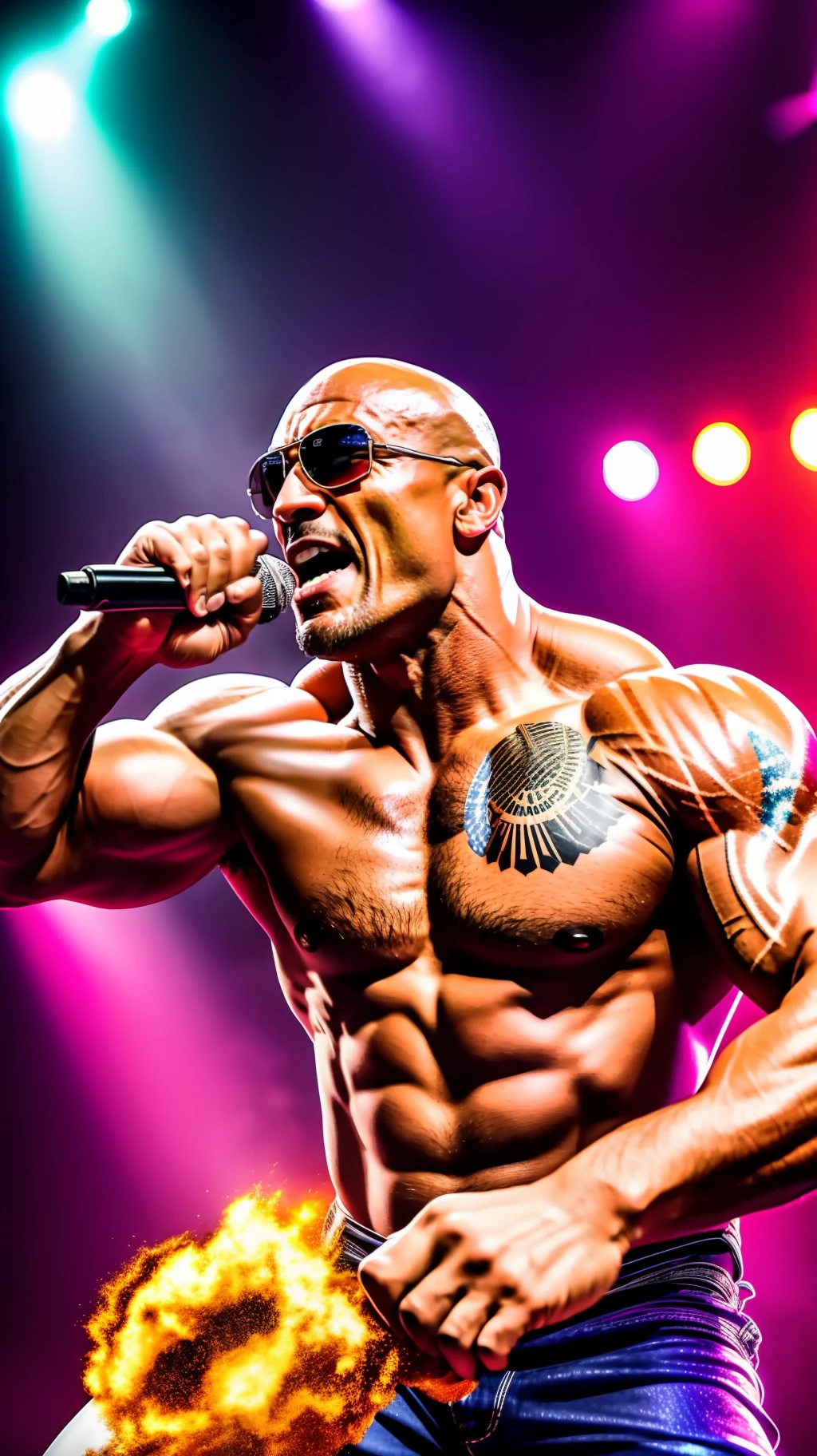 RAW photo, photography, photorealistic, RAW photo, Actor The Rock working as a singer on a lit stage, enthusiastic crowd around, explosion of colors from the spotlights, showing the energy and passion of his performance, Photography, 24-70mm zoom lens