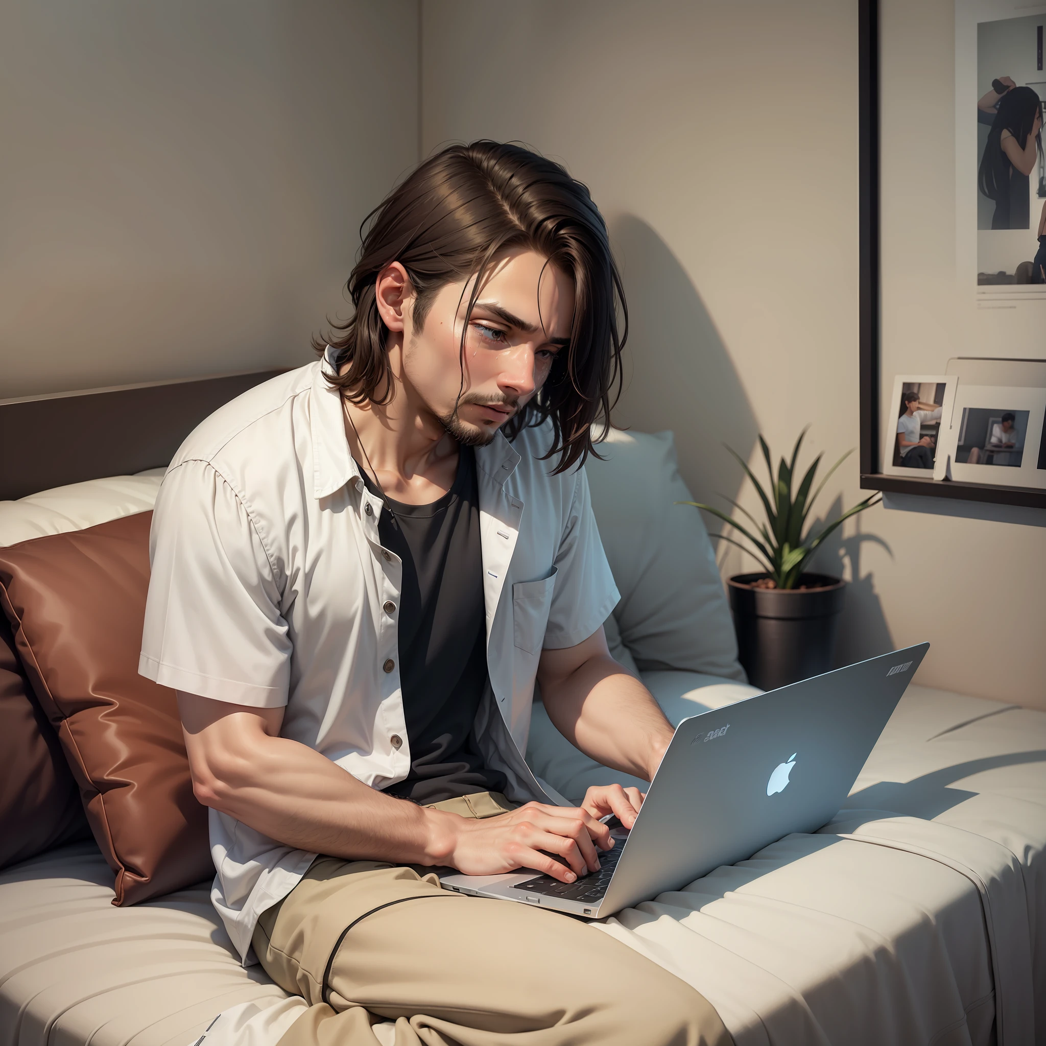 Crying man, sitting on laptop and bed, college student with laptop, laptop sitting on bed, sitting on bed, ultra realistic rendering, ultra realistic image, ultra realistic illustration, apartment, apartment room, little small room, less furniture --auto --s2