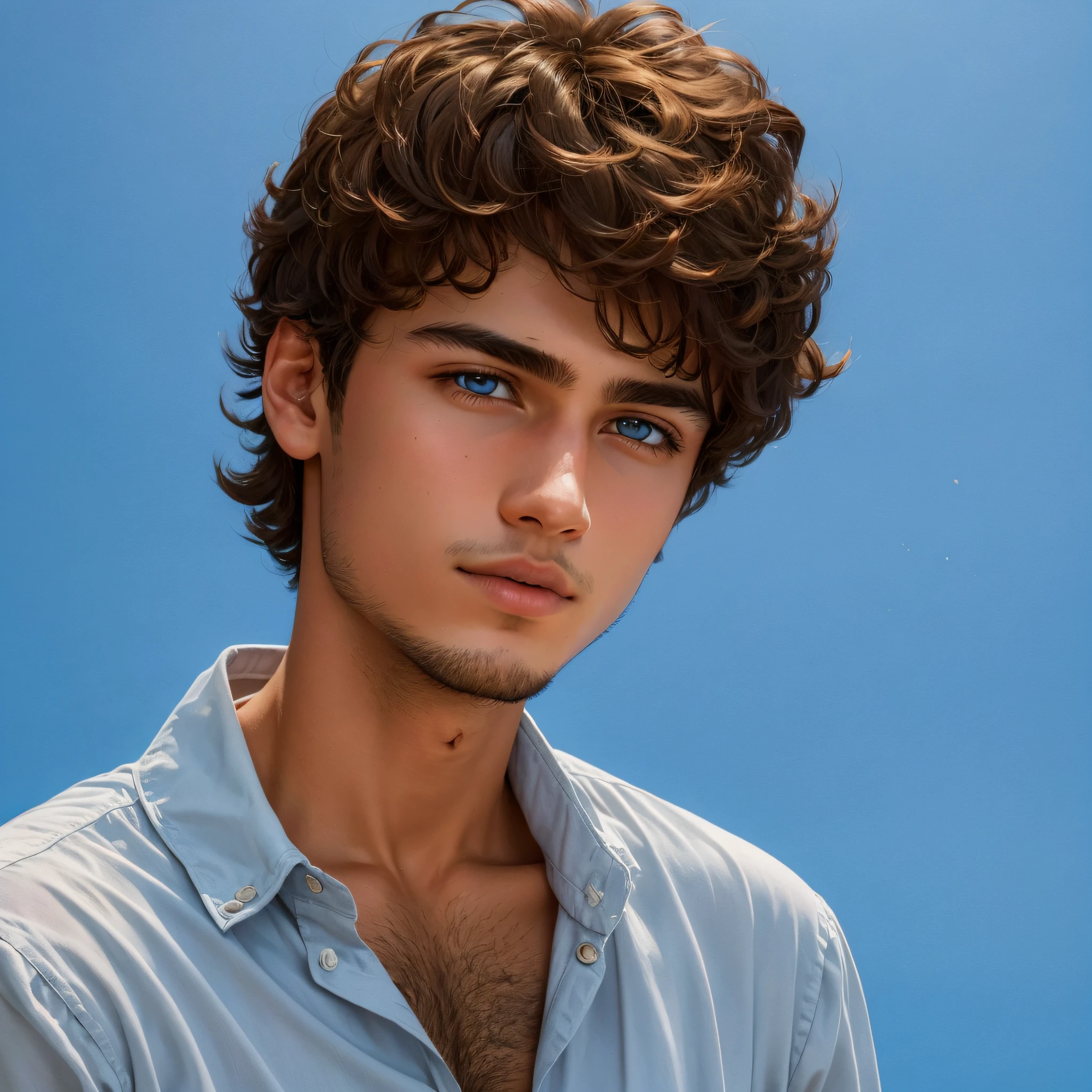 20-year-old boy, no beard, straight brown hair, brown eyes, rich in detail, high definition, on a smooth blue background --auto --s2