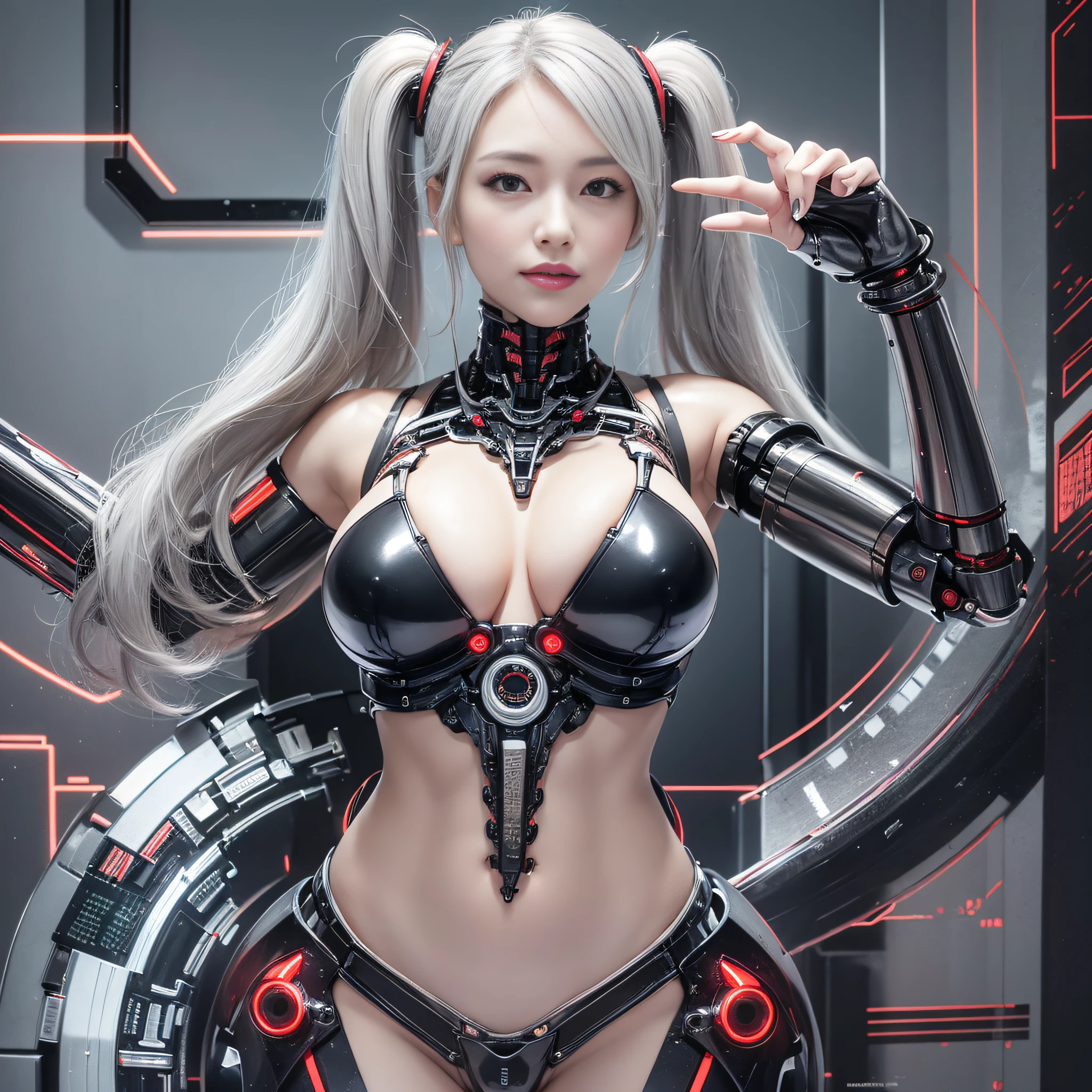 Beautiful Face,face is Japan, 1 Woman, Big, Curvaceous, (16k, RAW photo, top quality, masterpiece: 1.2), (HDR, Realistic, Photorealistic: 1.37) (tube attached to the body), (Bikini Cyborg robot parts)))), (light gray hair), Long hair, Wavy hair, Twin tails, Medium shot, ( Seductive smile)), (black eyes), princess cut,from below,(whole body),posing,,in the lab,( tube connected to blood vessel),((mechanical vertebrae attached to the back)),((mechanical neck attached to the neck)),(wire cable attached to the head and body),(character focus),science fiction,perfect female figure,perfect anatomy,ultraanatomy, Full body shot, up to 4 fingers and 1 thumb relationship,
