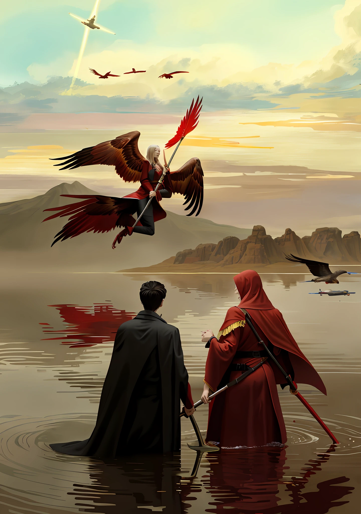 1 man and 1 woman, painting of a red kite flying in the air over a body of water, scythe, long torn red cape, a red cape, with a red halo over her head, dressed in a beautiful red cloak, devotion to the scarlet man, red cloak, bastien lecouffe - deharme, reminded me of the grim reaper