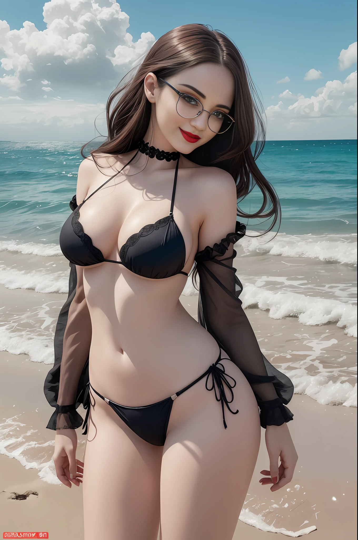 absurdres, RAW photo, highest quality, (masterpiece: 1.3), high detail RAW color photo, professional photo, extremely detailed CG 8k wallpaper unit, photo-realistic, realistic, RAW photo, masterpiece, best quality, highres, illustration,
1girl, 22 YEARS OLD, short, white, brown hair, Average length, thin legs, perfect gorgeous face, bright red lipstick, beautiful realistic eyes, round metal glasses, pale skin, detailed skin texture, natural large breasts. Smile. She looks amazing. On the beach showing her ass. Gothic style.
(Micro bikini. simple design), Beach. Sun.