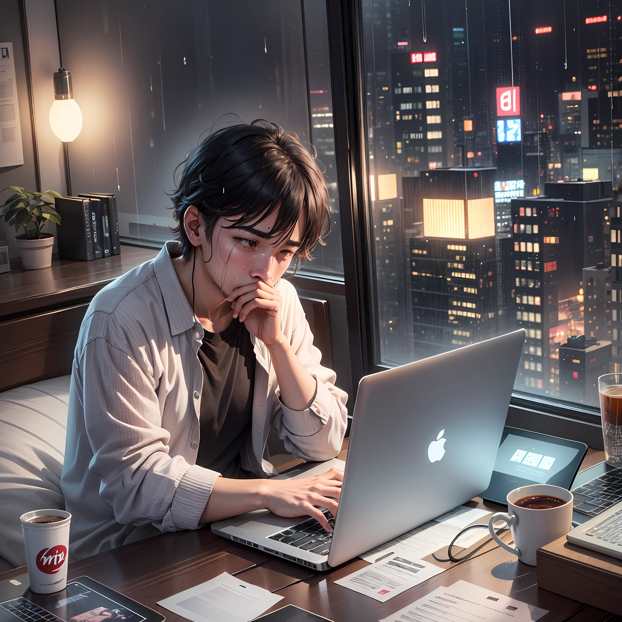 Crying man, sitting on laptop and bed, laptop and college student, laptop sitting on bed, sitting on bed, ultra realistic rendering, ultra realistic images, ultra realistic illustration, urban rain, kabukicho city, shinjuku night --auto --s2