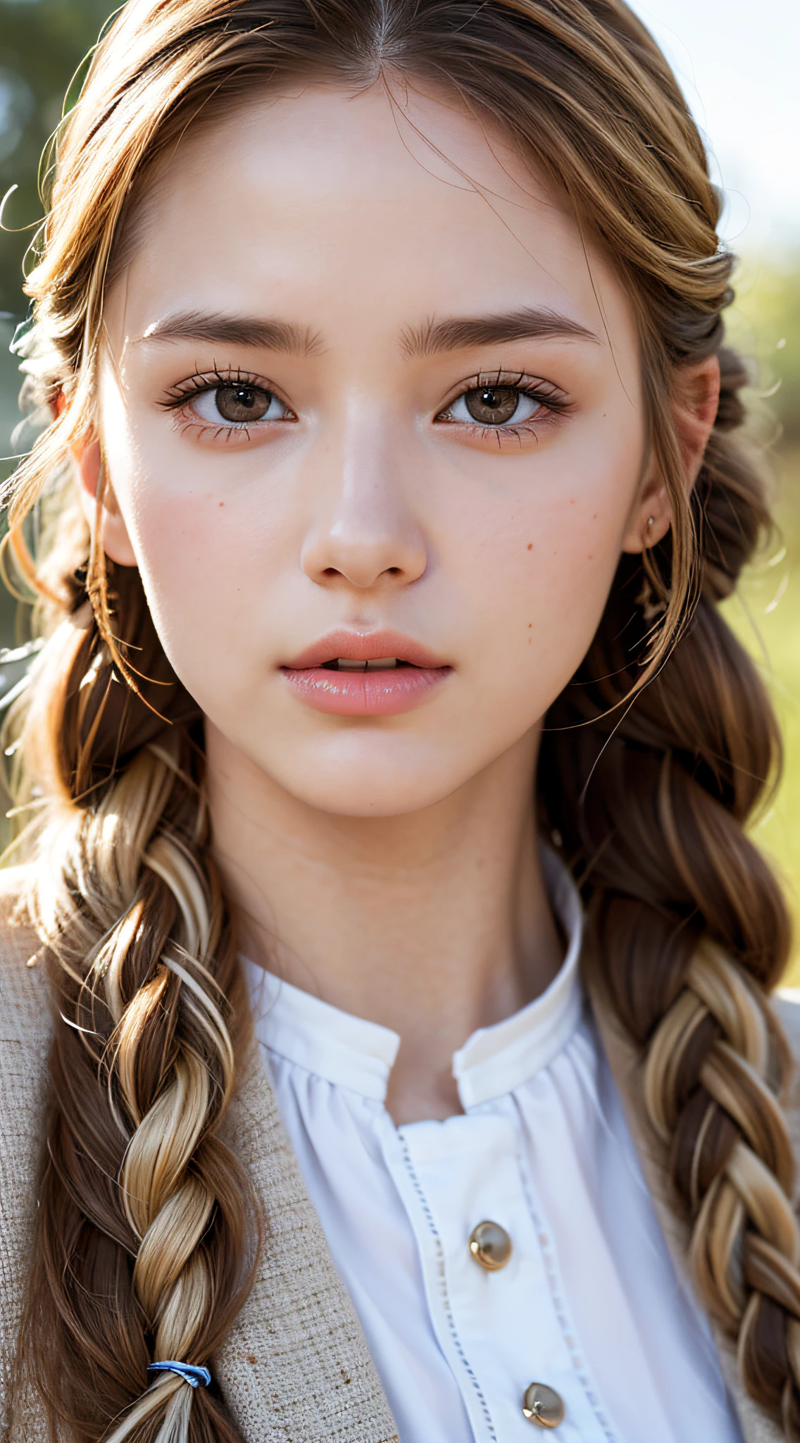 Caucasian model at , close-up, masterpiece, top quality, raw photo, photorealistic, face, incredibly ridiculous, beautiful girl, cute, detailed eyes, one knot in braid, depth of field, high resolution, ultra detail, fine detail, highly detailed, highly detailed eyes and face, sharp pupils, realistic pupils, sharp focus, cinematic lighting , cohesive hairstyle, Blonde, Clean clothing, Face closeup, Masterpiece, Realistic skin texture, Ultra detailed, Lustrous hair and skin