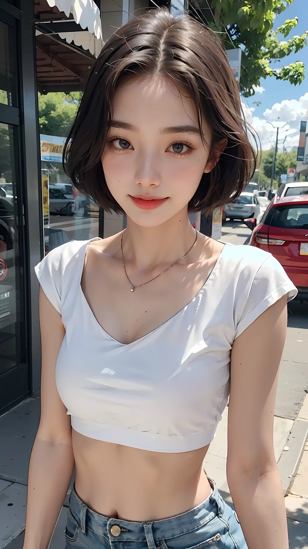 Very beautiful woman in cropped tee, summer, perfect body, due diligence, very delicate face and skin texture, smile, embarrassed expression