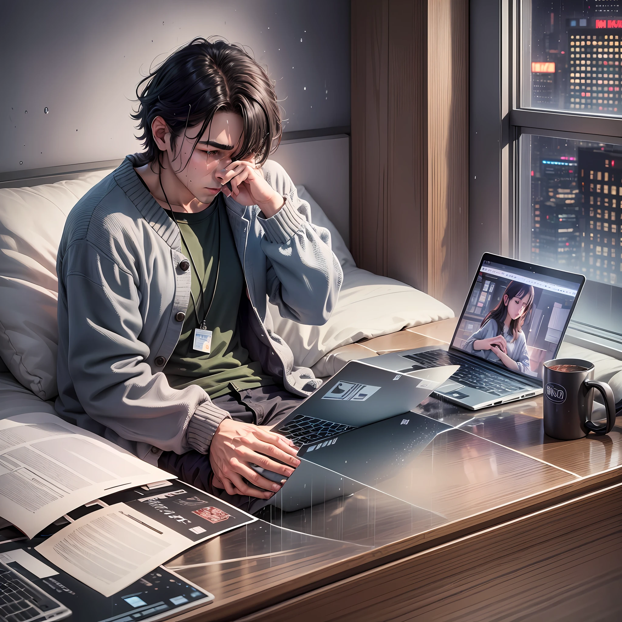 Crying man, sitting on laptop and bed, laptop and college student, laptop sitting on bed, sitting on bed, ultra realistic rendering, ultra realistic images, ultra realistic illustration, urban rain, kabukicho city, shinjuku night --auto --s2