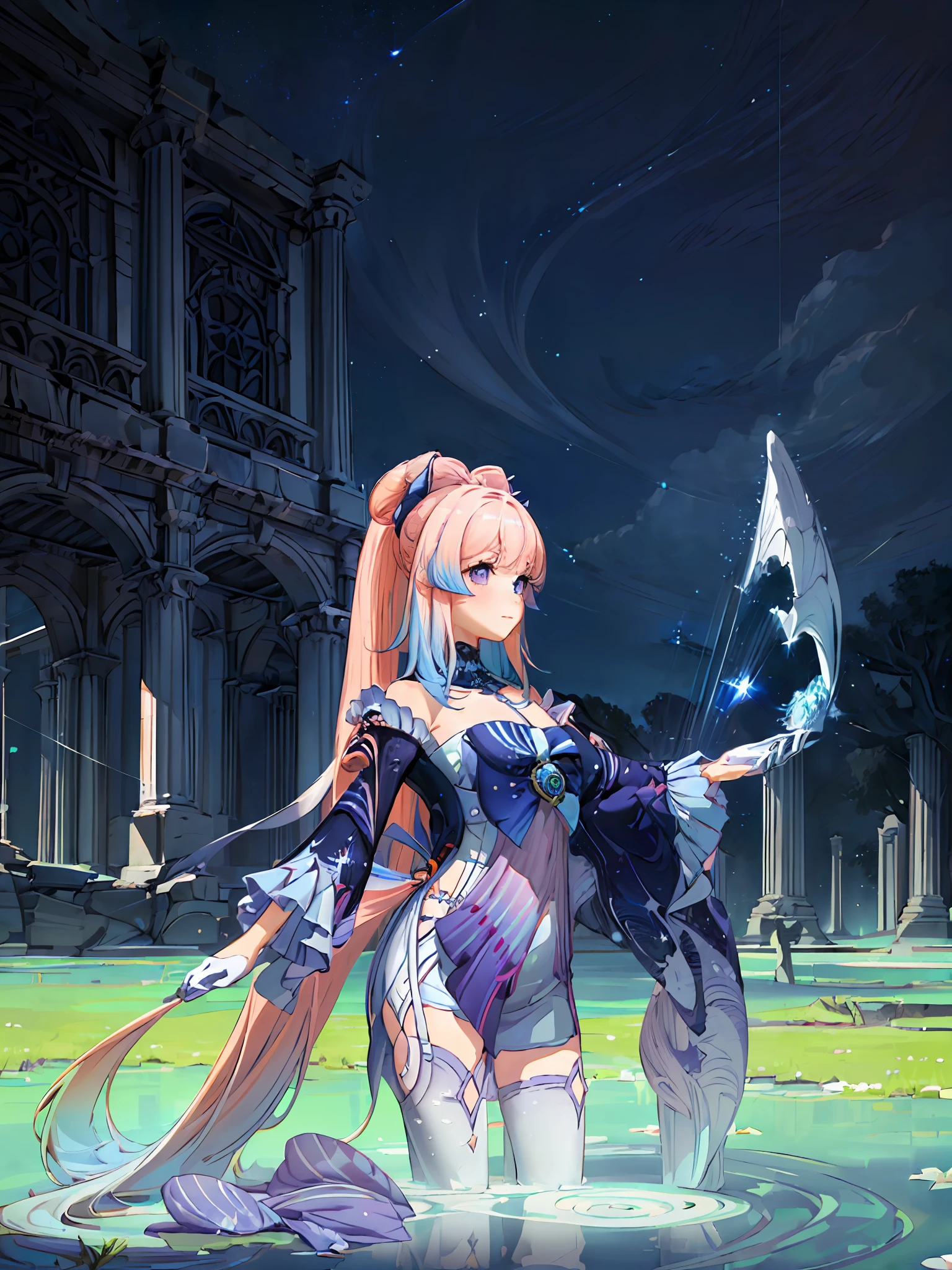 ((masterpiece,best quality)),(negative space:1.4),(1girl, solo:1.4),beautiful detailed eyes,floating pastel pink hair, breasts,long hair, long white stockings, white gloves, ancient ruins, columns, greek architecture, night sky with stars and galaxies, lake with lilies, standing in water, magical sparkles and stars, swamp, lake, at night