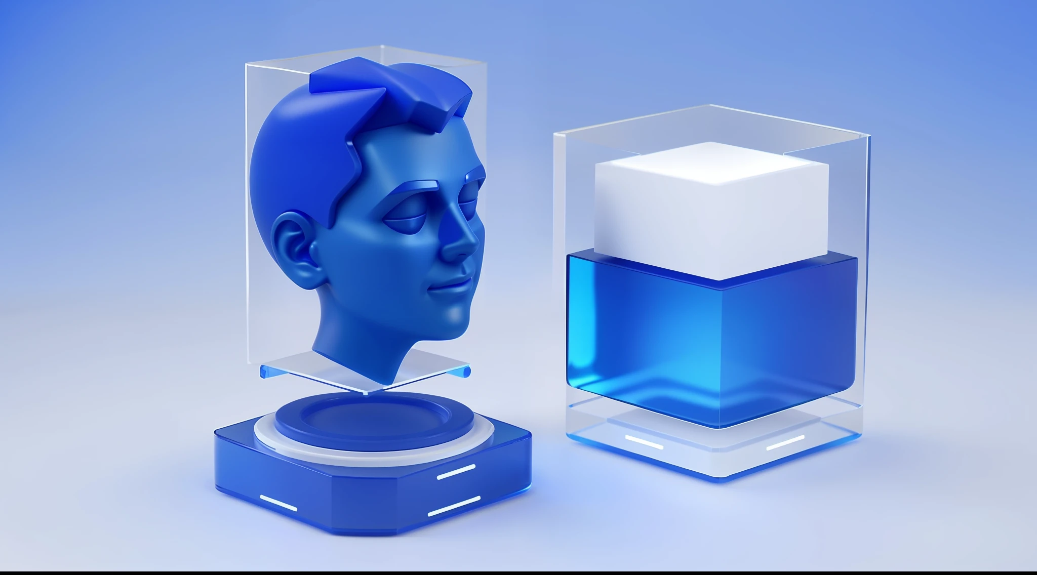 One-figure icon, blue, frosted glass, transparent tech, industrial design, white background, studio lighting, 3D, C4D, blender, pinterest, oc renderer, dribbling, high detail, 8K