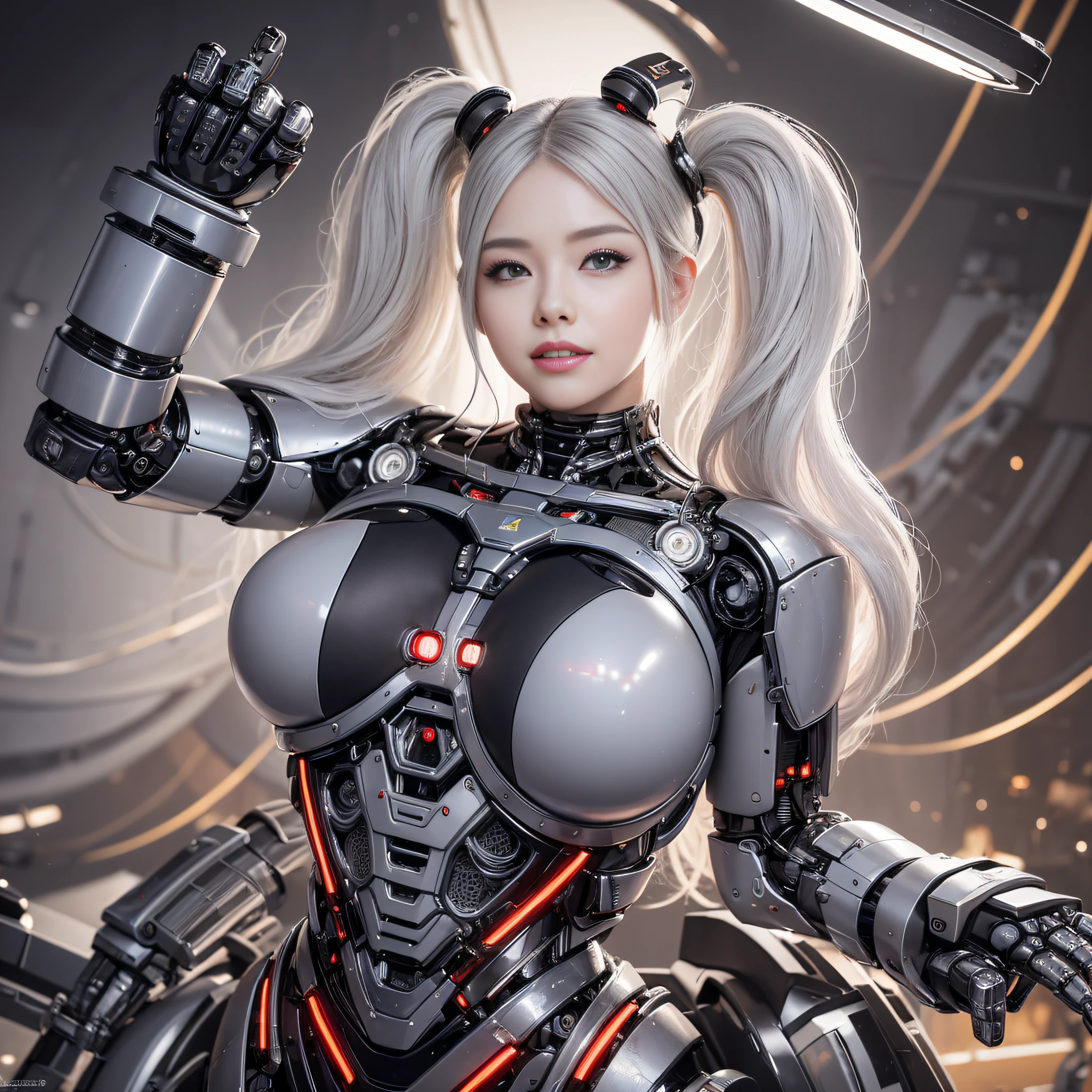 Beautiful Face,face is Japan, 1 Woman, Big, Curvaceous, (16k, RAW photo, top quality, masterpiece: 1.2), (HDR, Realistic, Photorealistic: 1.37) (tube attached to the body), (Bikini Cyborg robot parts)))), (light gray hair), Long hair, Wavy hair, Twin tails, Medium shot, ( Seductive smile)), (black eyes), princess cut,from below,(whole body),posing,,in the lab,( tube connected to blood vessel),((mechanical vertebrae attached to the back)),((mechanical neck attached to the neck)),(wire cable attached to the head and body),(character focus),science fiction,perfect female figure,perfect anatomy,ultraanatomy, Full body shot, up to 4 fingers and 1 thumb relationship,