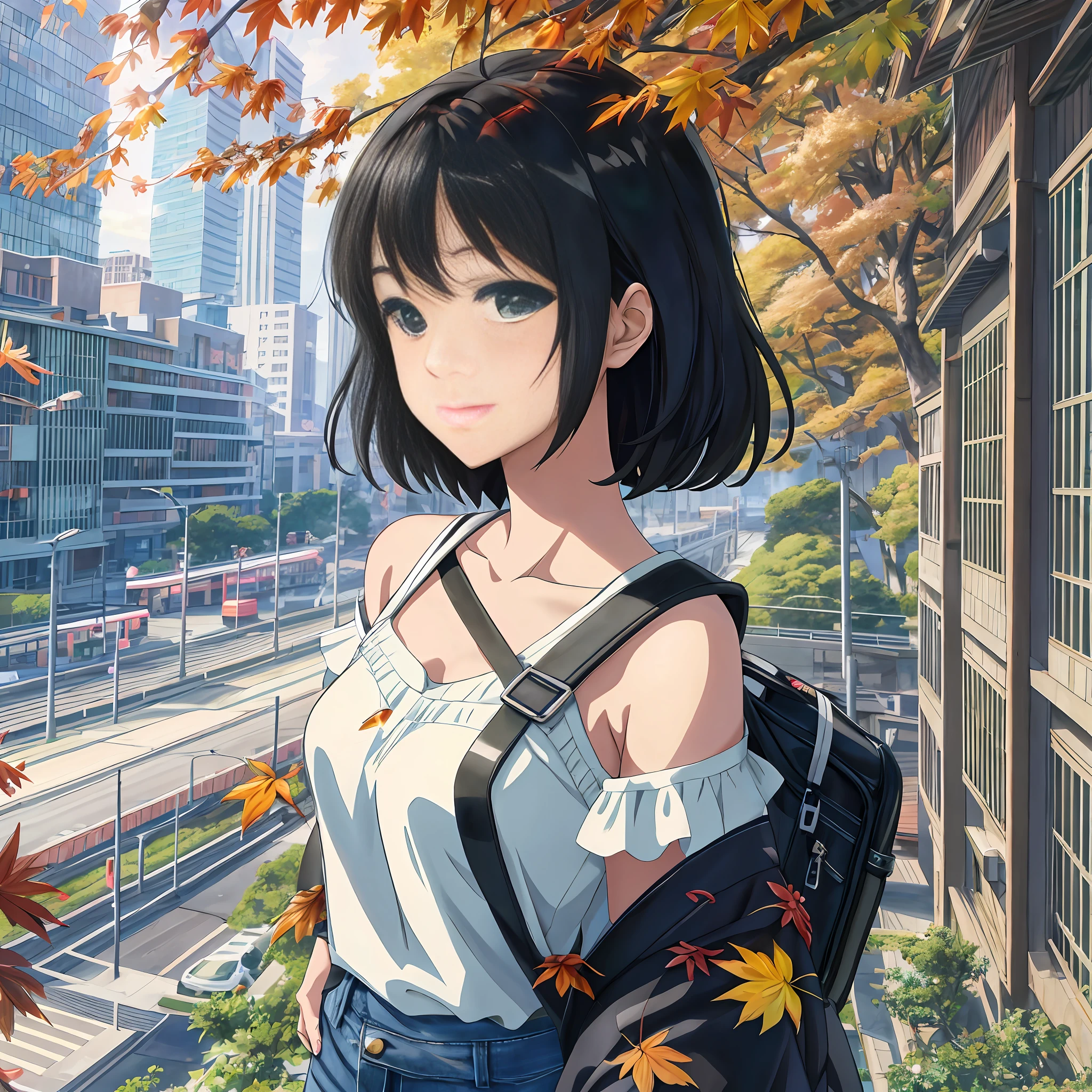 Anime girl with black hair and backpack standing in front of the city, anime style 4 K, anime visual of cute girl, smooth anime CG art, official artwork, anime moe art style, anime style. 8k, beautiful anime high school girls, Makoto Shinkai style, 4K anime wallpaper, anime best girl, anime art wallpaper 4K, green eyes