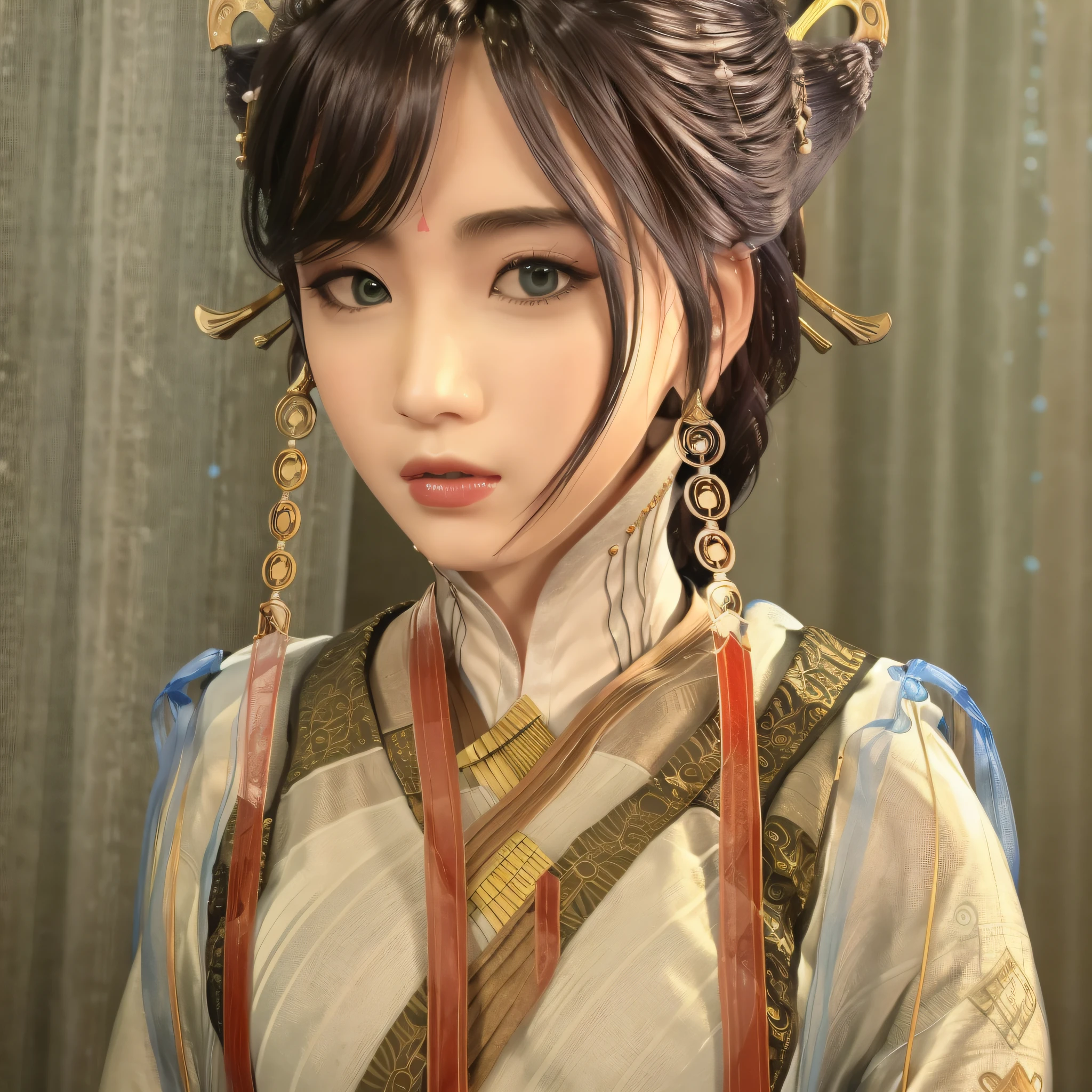 The highest quality, a beautiful woman in Chinese ancient costume, white gauze covered her face, her appearance is looming, her face has burn marks, and her figure is graceful --auto --s2