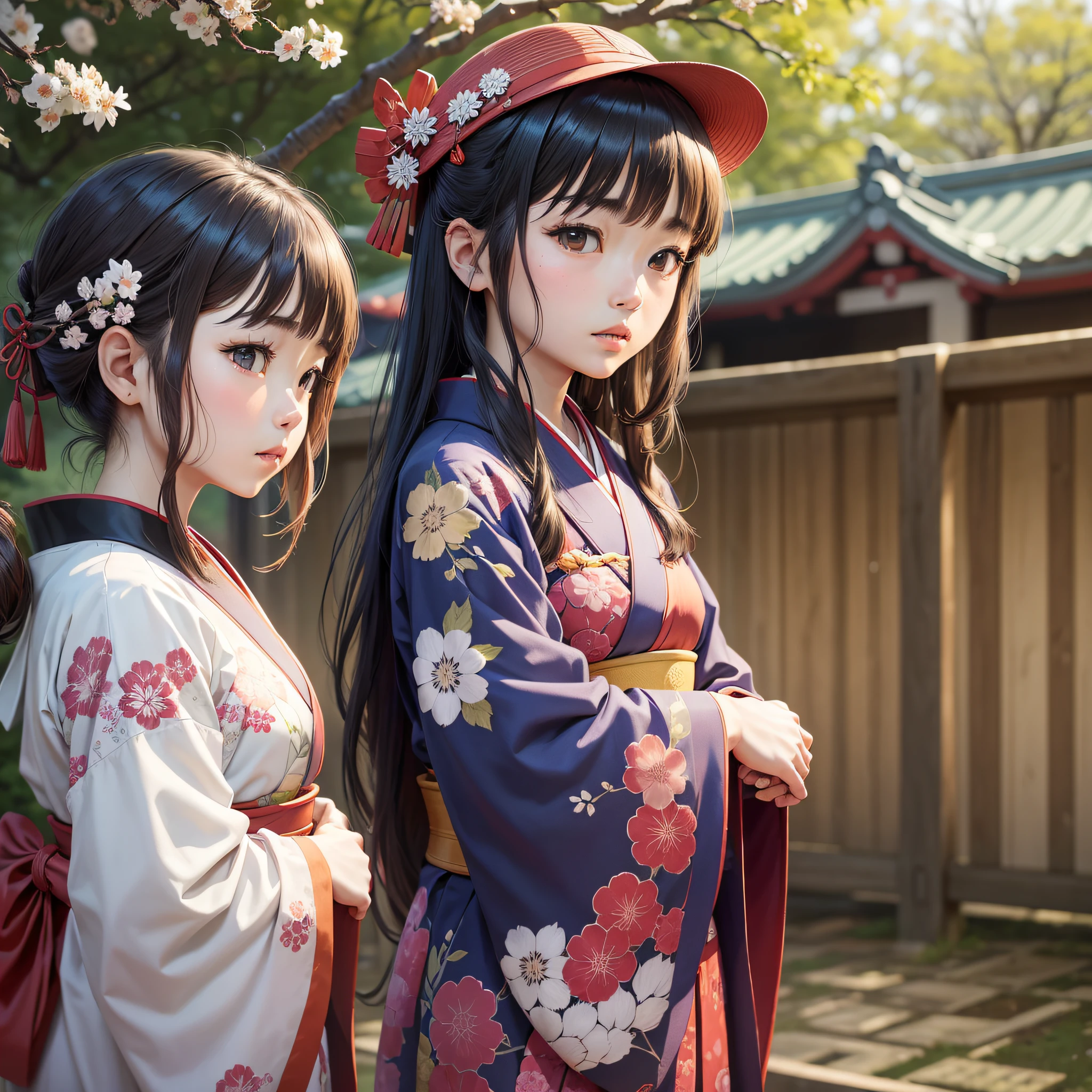 official art, masterpiece, 乃木希典、江戸、長州上屋敷、Maresuke Nogi, Edo Choshu Kamiyashiki, two young women wearing history-proven authentic Japanese kimono of Edo period in far distance, without hair accessories, without obi-band accessories, シンプルなかんざし、島田髷, history-true authentic Shimada-Mage, all-back fringe combed back, high quality, backdrop: outdoor with a cherry tree, art style: olden paint on Japanese washi paper, art style: not modern, art style: not anime, --ar 420594, --seed 987654321 --auto --s2