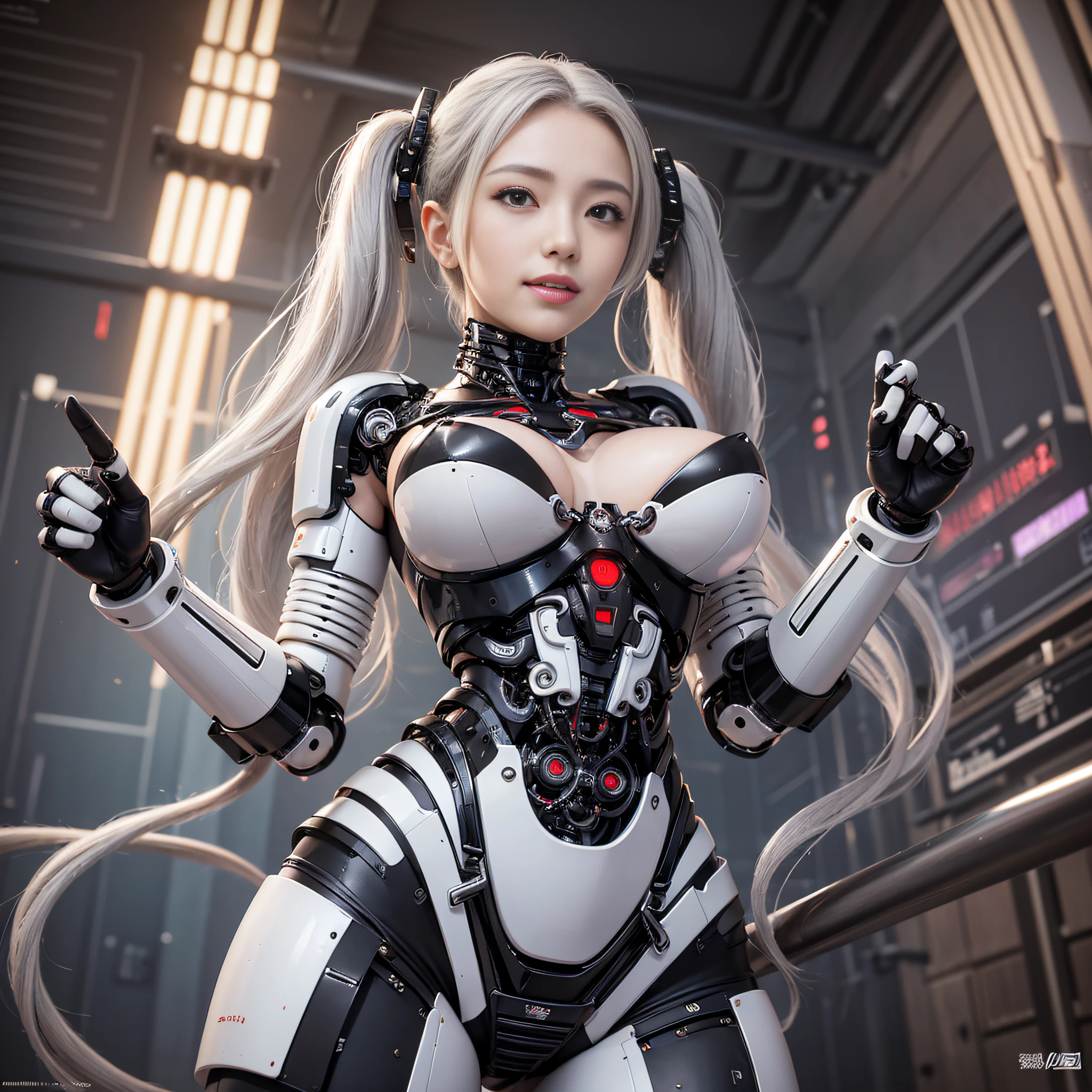 Beautiful Face,face is Japan, 1 Woman, Big, Curvaceous, (16k, RAW photo, top quality, masterpiece: 1.2), (HDR, Realistic, Photorealistic: 1.37) (tube attached to the body), (Bikini Cyborg robot parts)))), (light gray hair), Long hair, Wavy hair, Twin tails, Medium shot, ( Seductive smile)), (black eyes), princess cut,from below,(whole body),posing,,in the lab,( tube connected to blood vessel),((mechanical vertebrae attached to the back)),((mechanical neck attached to the neck)),(wire cable attached to the head and body),(character focus),science fiction,perfect female figure,perfect anatomy,ultraanatomy, Full body shot, up to 4 fingers and 1 thumb relationship,