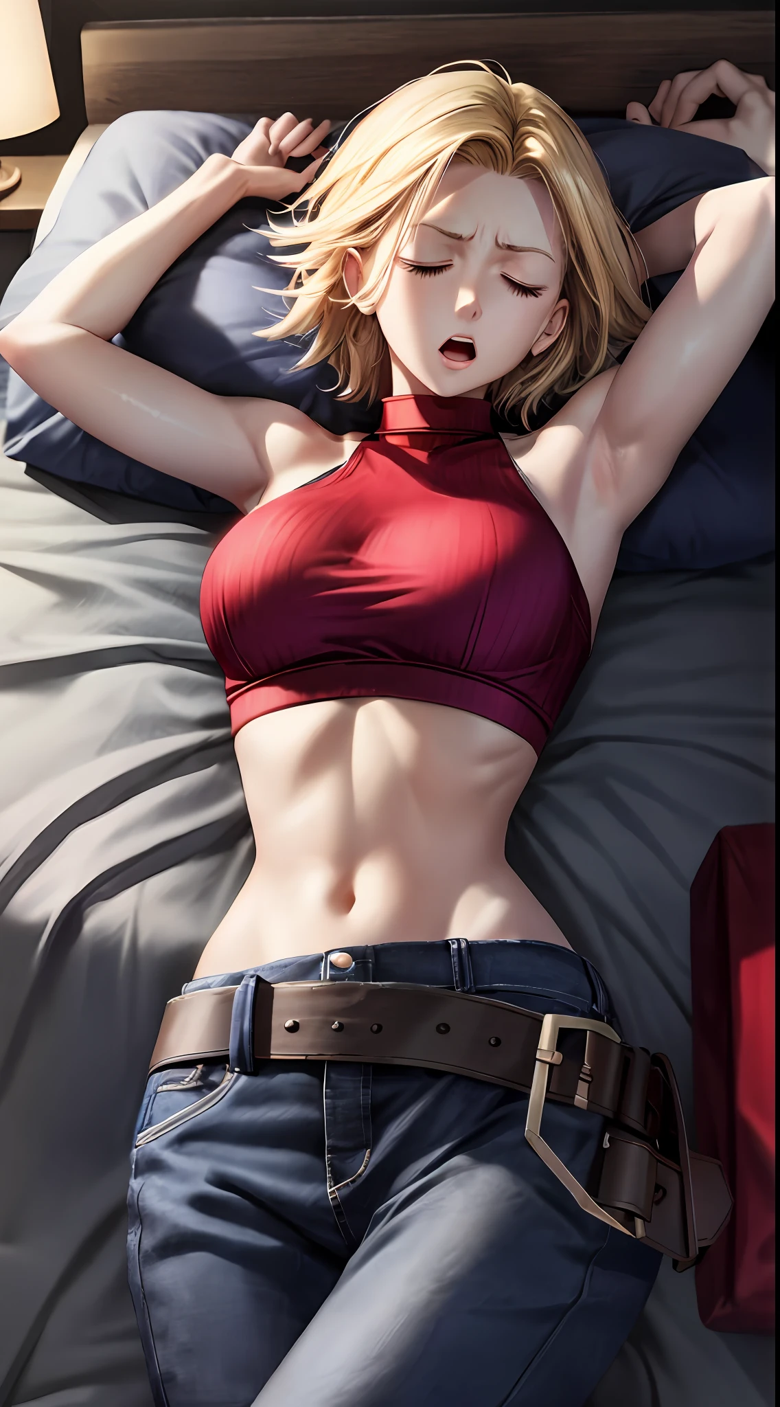 Thunderbolt, Maryms Works, Best Picture Quality, Big Eyes, Small Breasts, Thin Waist, Hands Pushed Out, (((Sleeping in Bed))), Brightened Skin, Puffy Eyes, Panicked Expression, Open Mouth Shouting, Red Top, Jeans